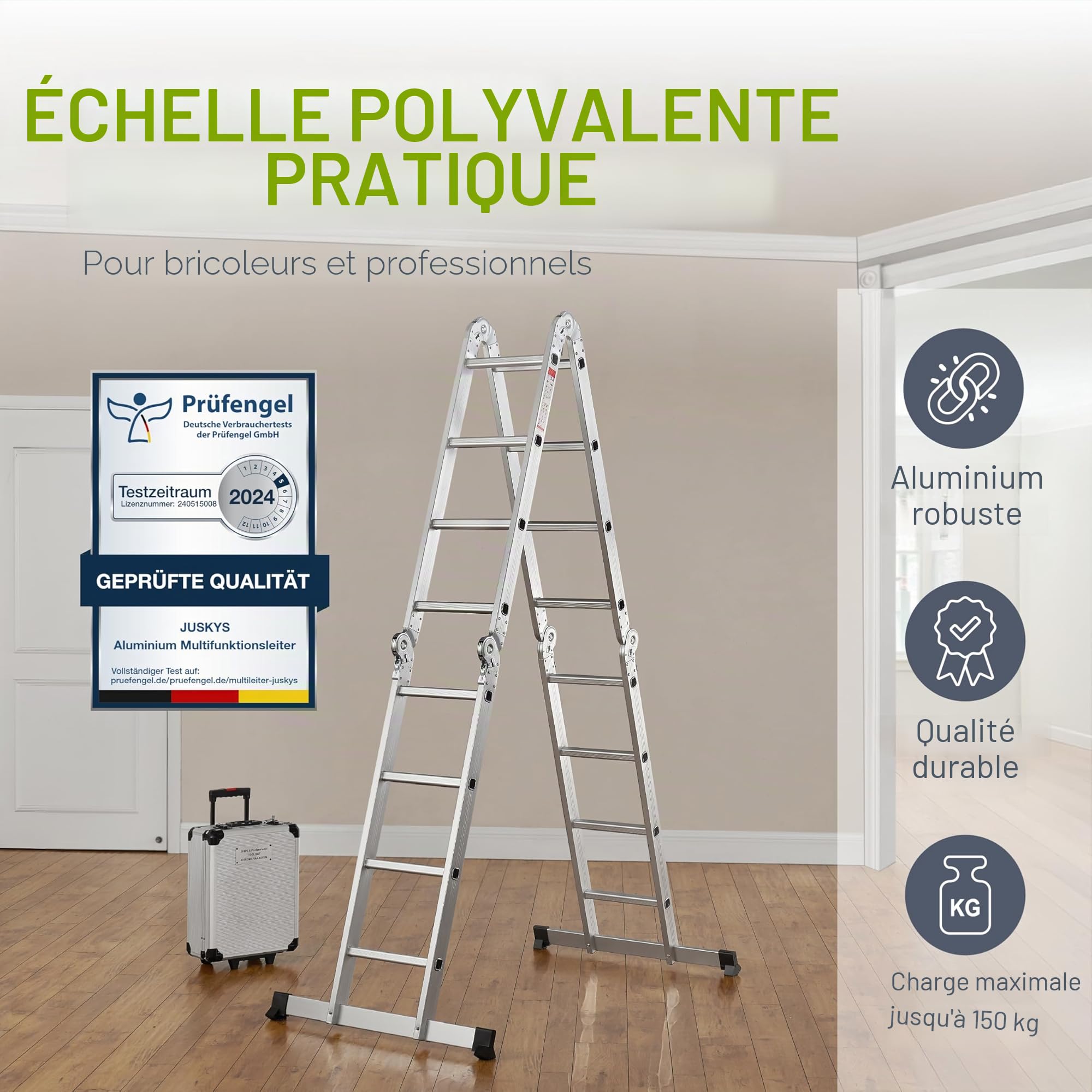 Échelle multifonction en aluminium, Capacité de poids jusqu'à 150 kg, argent