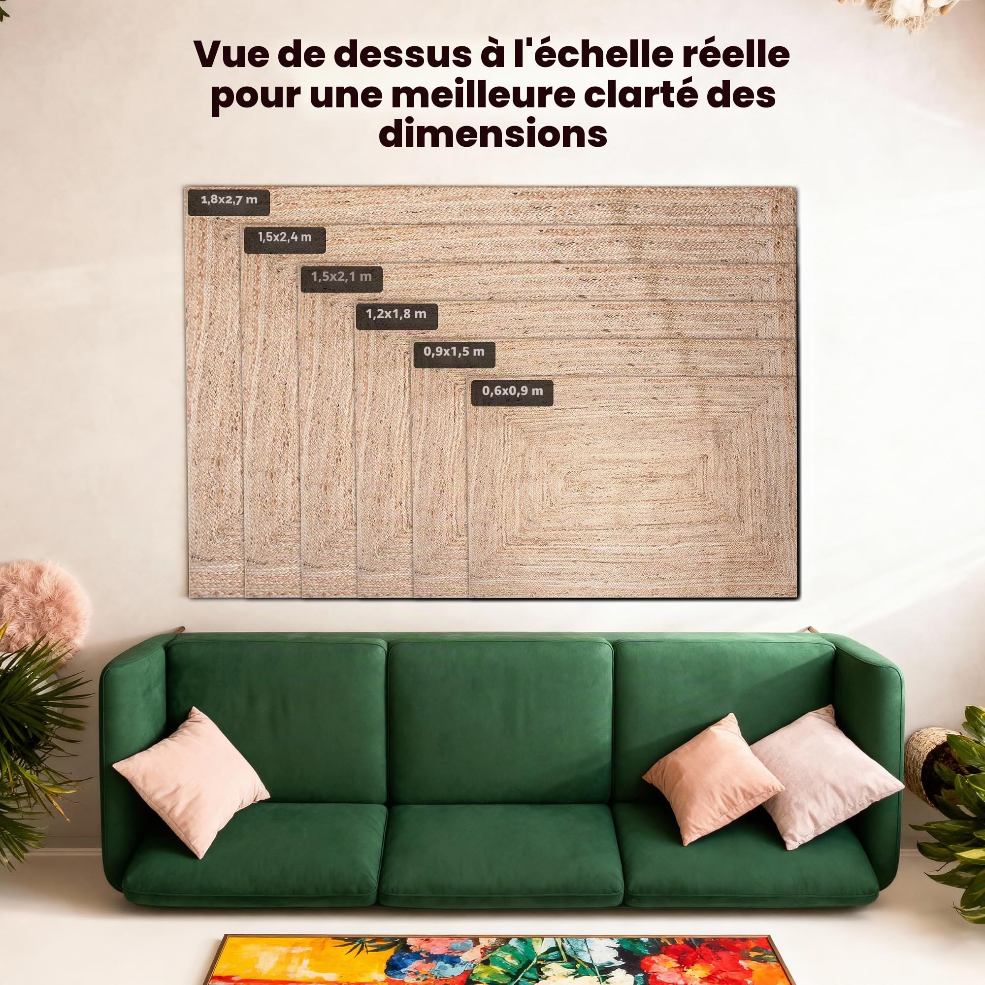 Craft Trade Naturel Bohème Rectangle Tapis en Jute Réversible Tressé Tapis de Chiffon Jute Lavable Tissé à la Main Décor pour Cuisine Salon et Chambre - 120X180 cm