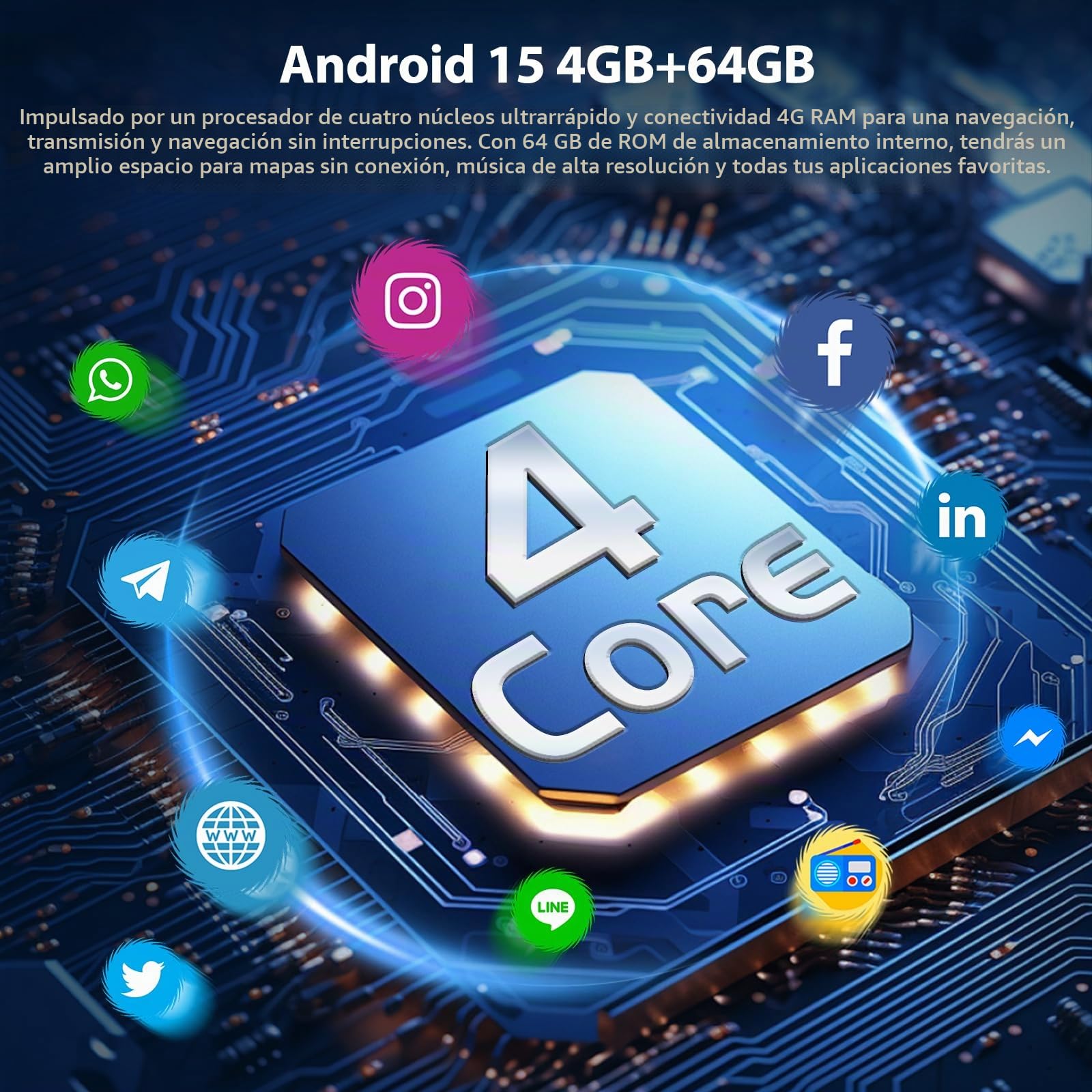 Autorradio Estéreo 2 DIN Motorsi [4+64 GB] con Android 15.0, Pantalla Táctil HD de 7 Pulgadas, Bluetooth 5.0, GPS, WiFi, FM, RDS, EQ, Doble USB y AHD, Cámara y Micrófono
