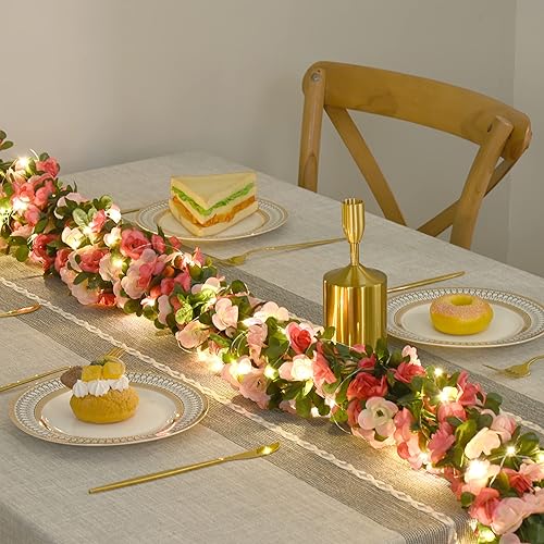 Miniatura 3 de BLEUM CADE 12 Piezas 98.4 Pies Guirnalda de Flores Rosas Artificiales con Luces en Cadena de 98.4 Pies, Lindas Enredaderas de Flores Falsas
