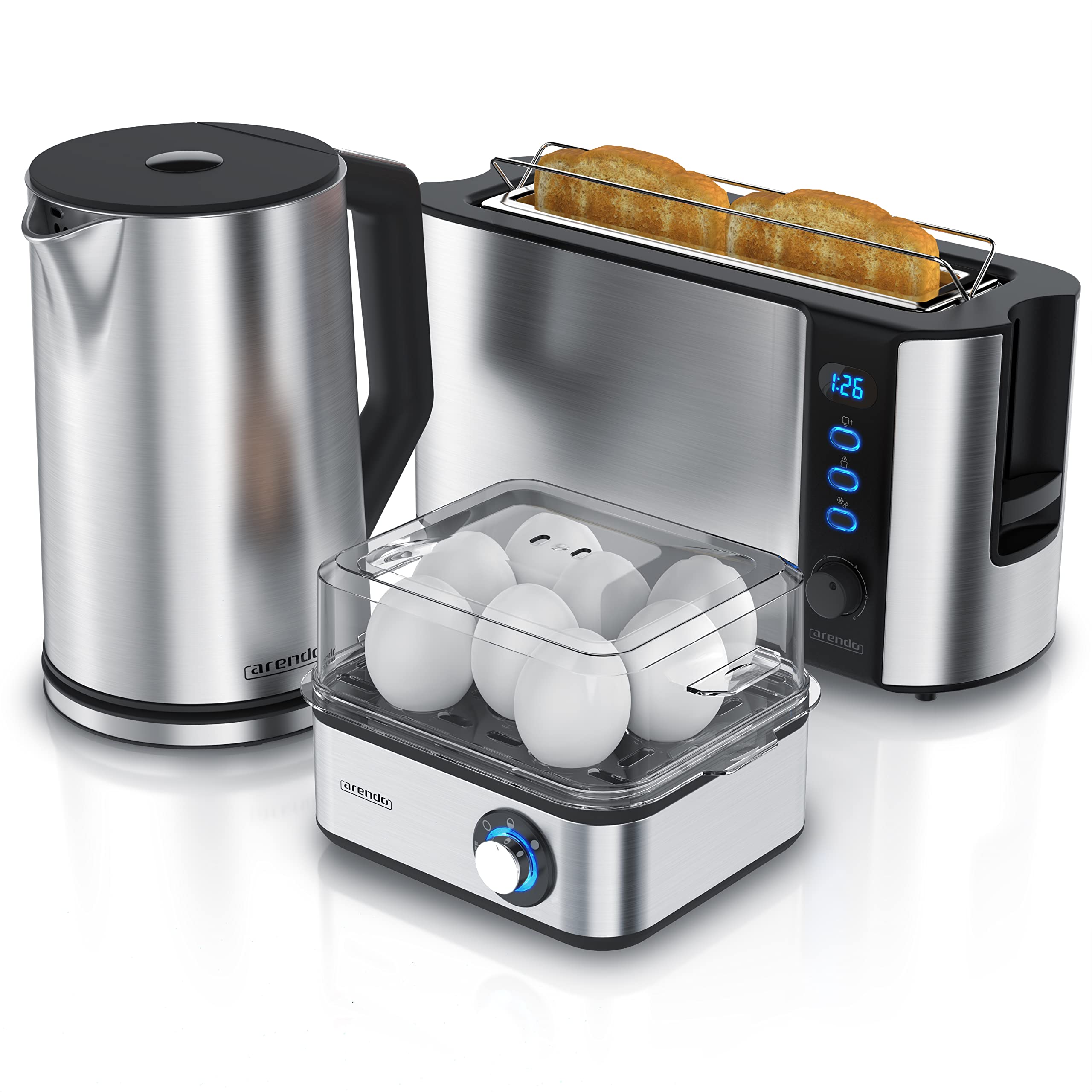 Arendo Wasserkocher Toaster Set Edelstahl 1,5 Liter Temperaturauswahl Langschlitz Brötchenaufsatz Eierkocher 8 fach Silber