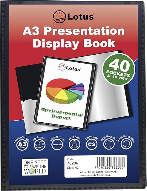 A3 Display Book - 40 Pockets Black Presentation A3 Display Book Folder Folio for Professionals, Business, Students, Projects, School, Colleges, Home by Lotus - 78206 (1 Book)