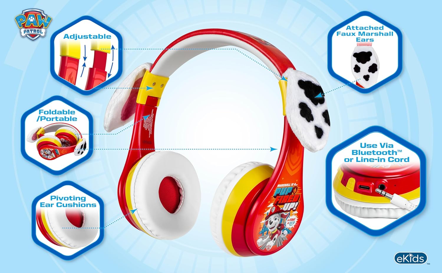 eKids Paw Patrol Bluetooth Headphones for Kids, Volume Reduced Wireless Headphones for School Home or Travel (Paw Patrol Marshall)