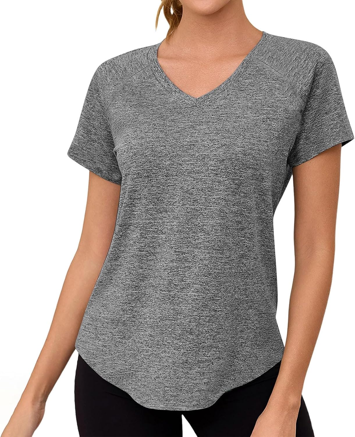 Womens Quick-Dry Top - V-Neck Raglan Short Sleeve Shirt with Curved Hem, Breathable Loose Athletic Tee for Running