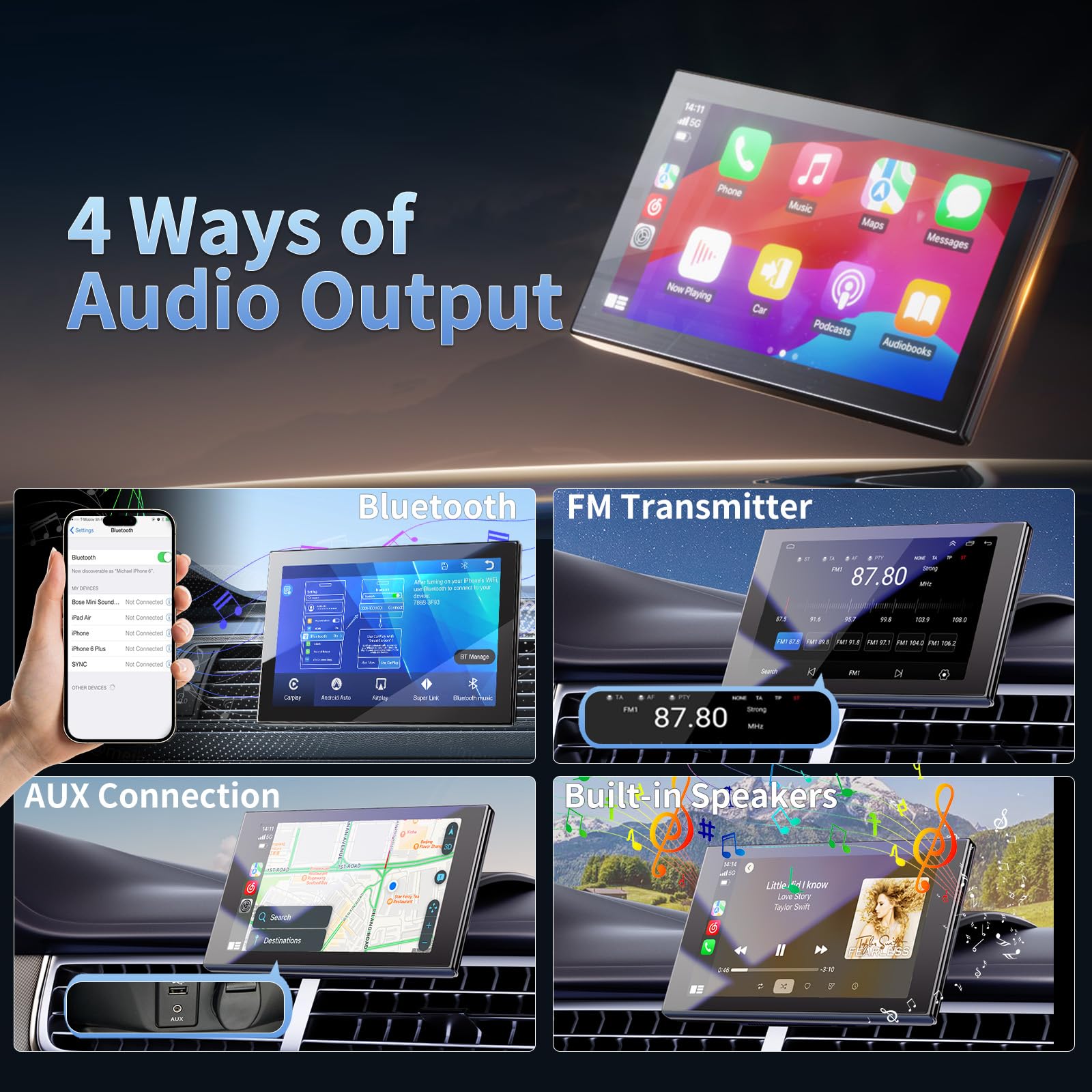 Écran Portable 7 Pouces pour Apple CarPlay et Android Auto | Écran Orientable avec Caméra de Recul, Mirrorlink, Mises à Jour OTA, Commande Vocale Bluetooth