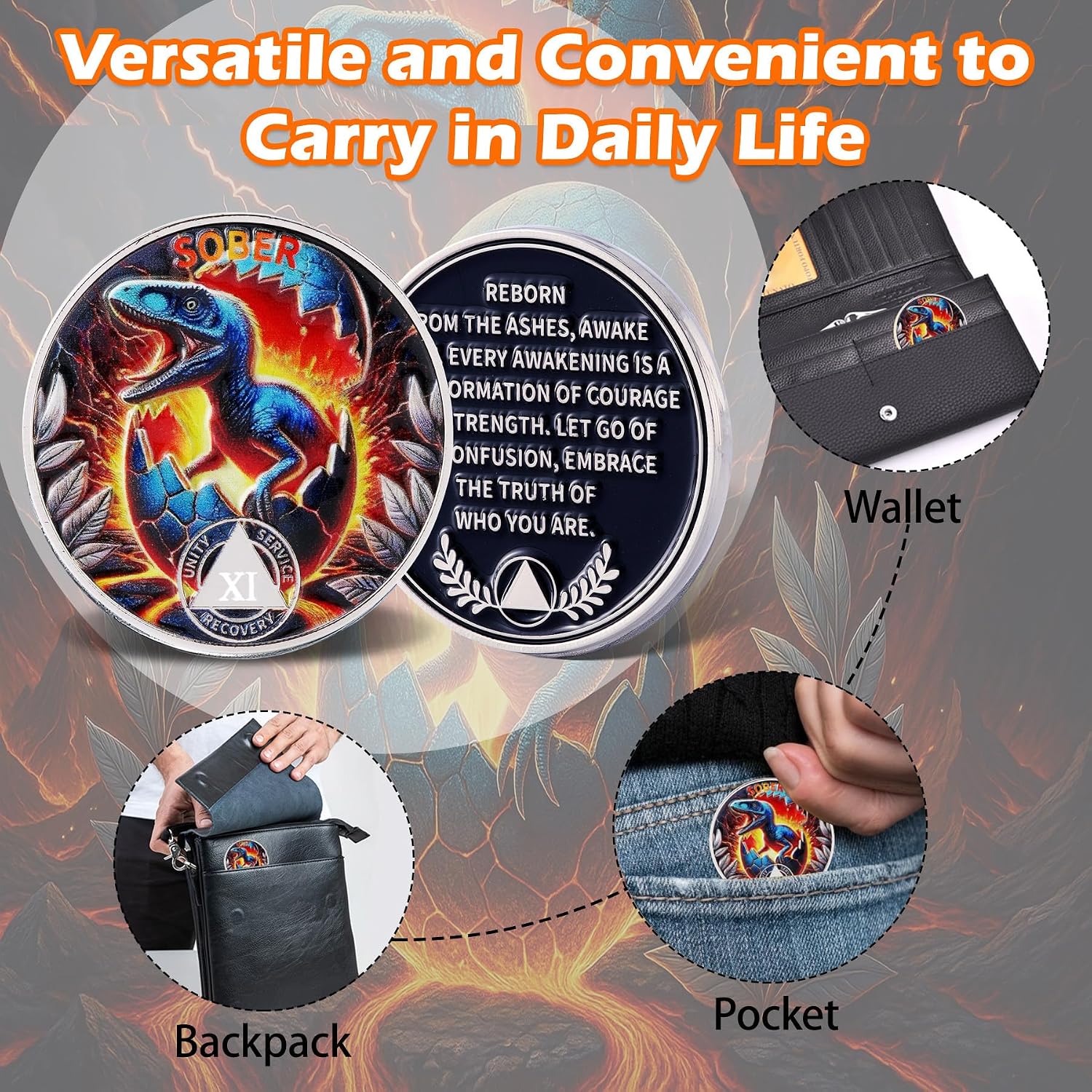 Sober Coin for Reborn Raptor Sobriety Chip Dinosaur Recovery Medallion with Inspirational Quote AA/NA Token AA NA Chips Gift for Men & Women (Reborn Dinosaur, 11 Years) image 3