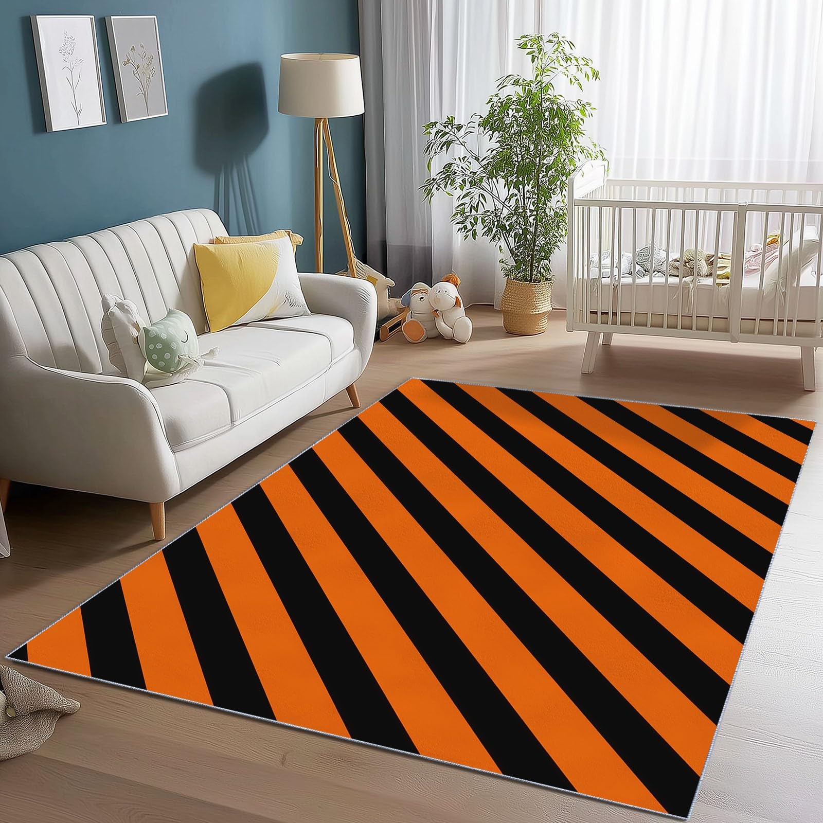 Dywan pomarańczowy czarny można prać w pralce 120 x 170 cm, prosty nadruk w paski symetria, antybakteryjna i antypoślizgowa podstawa odporna na plamy dywan do salonu sypialni biura
