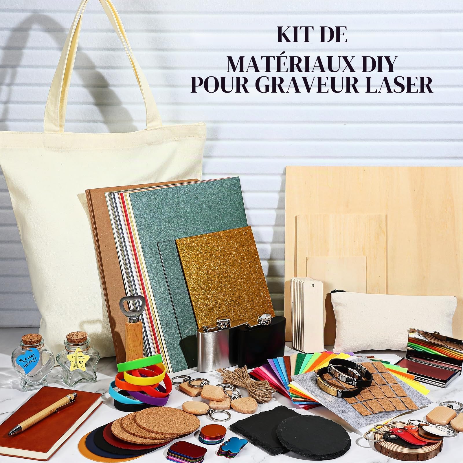 Dunzoom Kit de 257 matériaux de gravure laser comprenant acrylique, métal, bois, tissu, cuir synthétique, verre, roche, caoutchouc pour graveurs laser et découpeuses laser