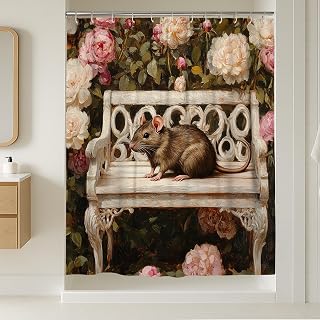 DESIHOM Spring Rat Mouse Shower Curtain Set 54W x 78L, Romantic Floral Bench Bathroom Decor, Animal Printed Fabric Bath Accessories