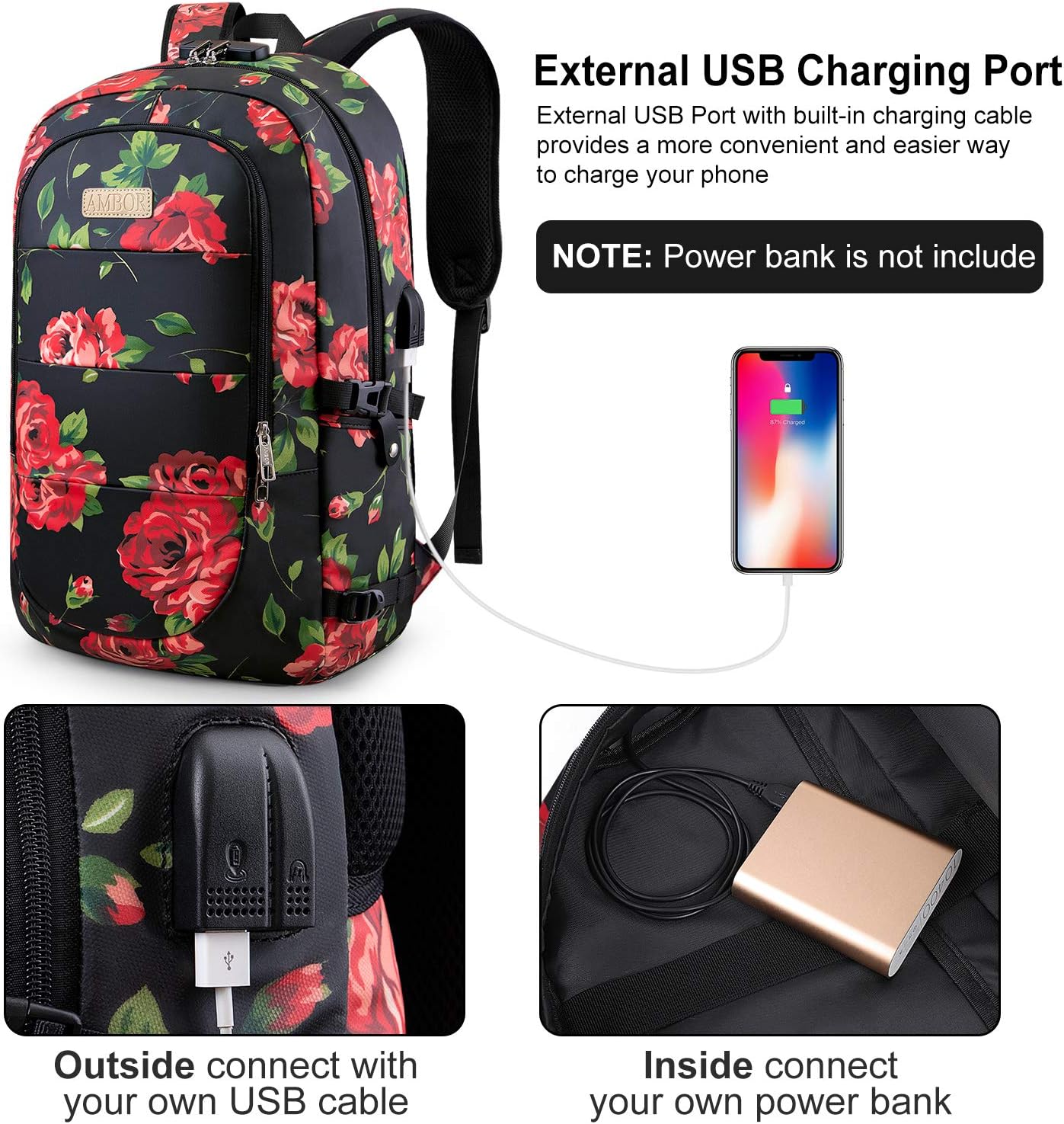 🛒 Crazy Deals Travel Laptop Backpack, Anti Theft Business Laptop Backpack with USB Charging Port and Headphone Interface (Black red)