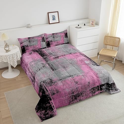 Miniatura 4 de Juego de edredón rosa y gris, tamaño individual, color rosa, gris, negro, acuarela, degradado, teñido anudado, para niñas, mujeres, niños,