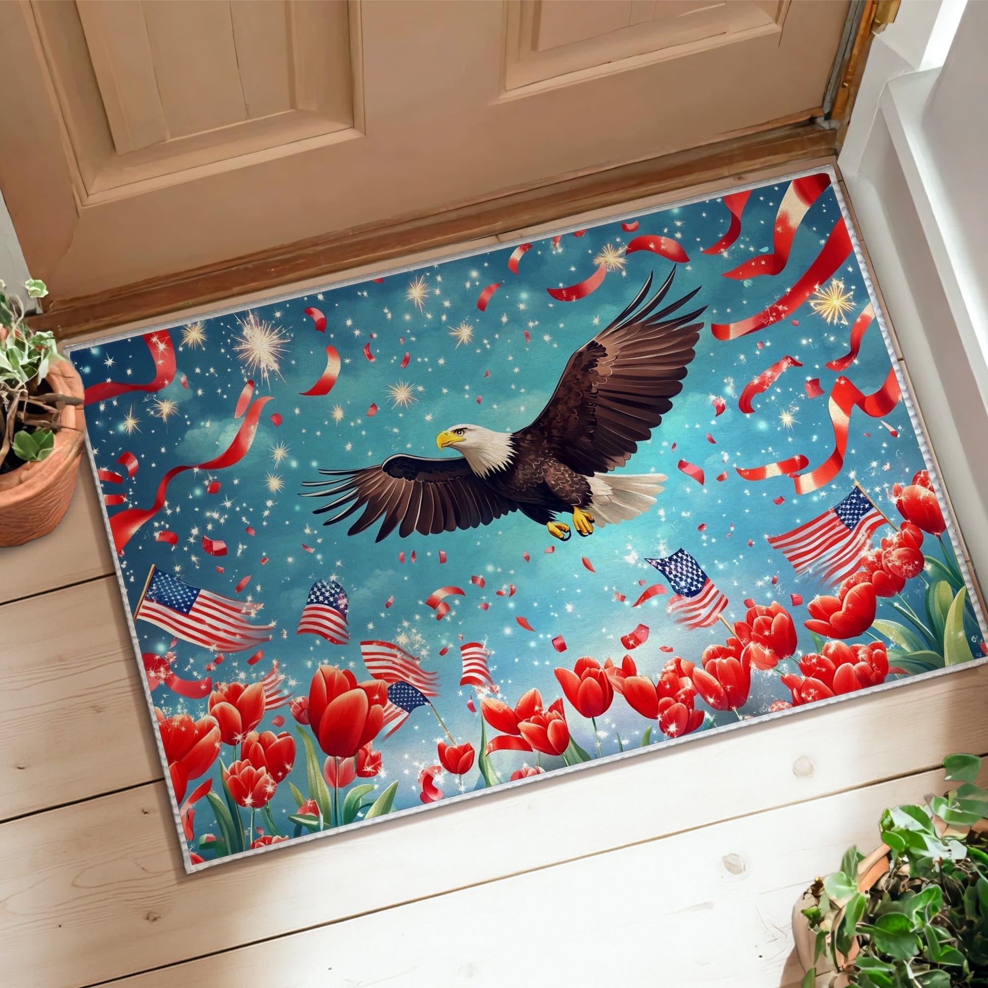 Tapis aigle anti-peluche avec tulipes et étoiles pour une décoration de porte impeccable