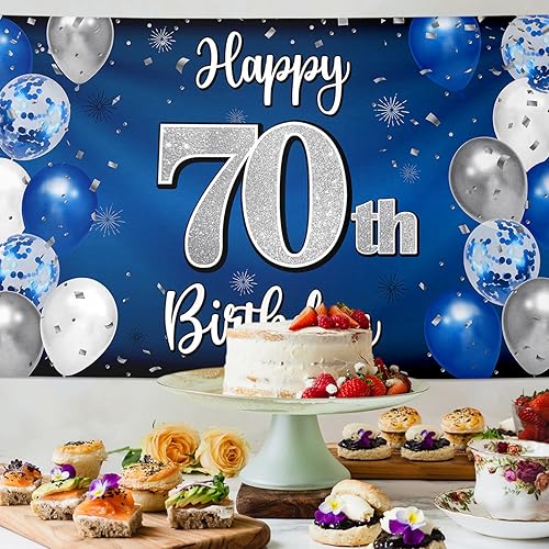 Miniatura 4 de Decoraciones de feliz cumpleaños 70, cartel grande de globo azul y plateado de cumpleaños número 70, suministros para fiesta de cumpleaños de 70