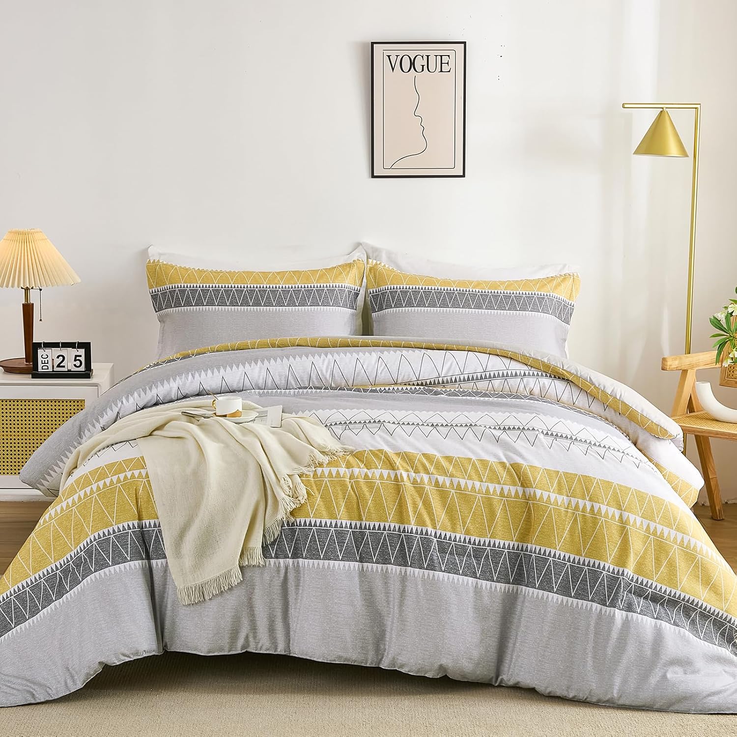 WONGS BEDDING Queen Comforter Set-Yellow Grey Comforter, Reversible Boho Striped Bedding Set for Queen Bed - 3 Pieces (1 Comforter + 2 Pillowcases), Soft Microfiber Down Alternative (90"x 90")