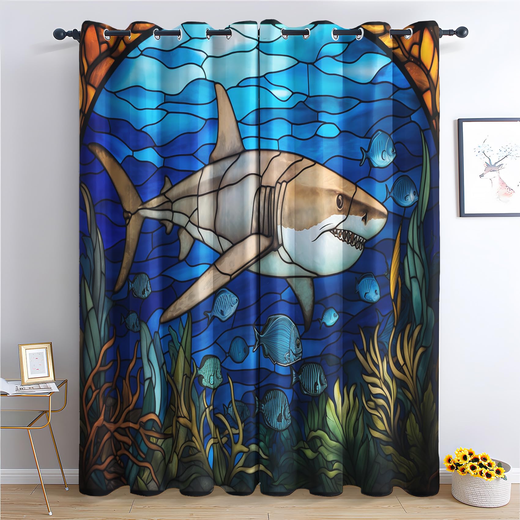 Luxfieo Shark Blackout Curtains for Living Room Bedroom - 72 Inch Drop Curtains 46x72, Kids Ocean Animal Patterned Window Treatments, Thermal Eyelet Drapes 2 Panels W#12 โ image 1