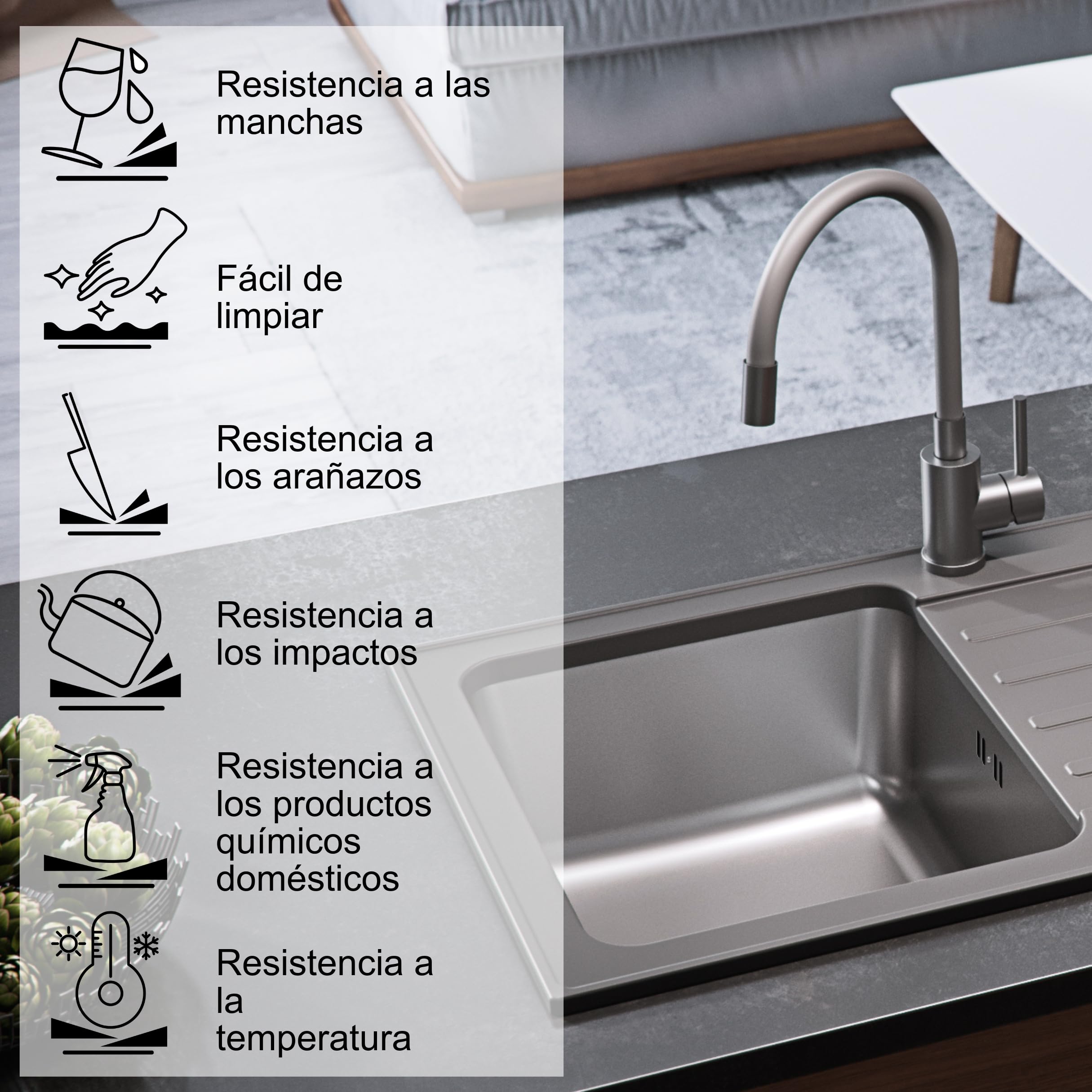 QUADRON Fregadero Beige | tamaño 78 x 48 cm | fregadero de acero inoxidable KENNETH 111 Fregadero de cocina de un seno | granito y acero inoxidable | con sifón y tapón de rosca | con escurridor