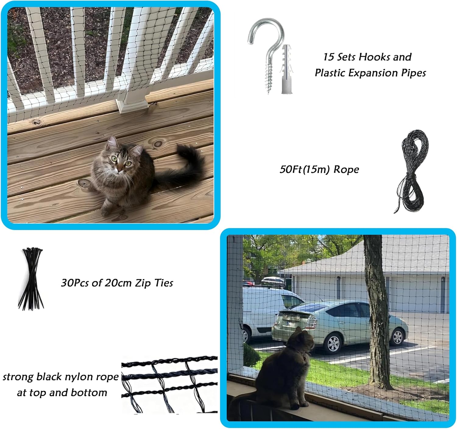 JUNFLYING Cat Netting Balcony 10x26 FT, Wire-Free Pet Protection Mesh for Fall Prevention, Heavy-Duty Catio Screen Barrier for Apartment, Window, Staircase, Terrace and Patio