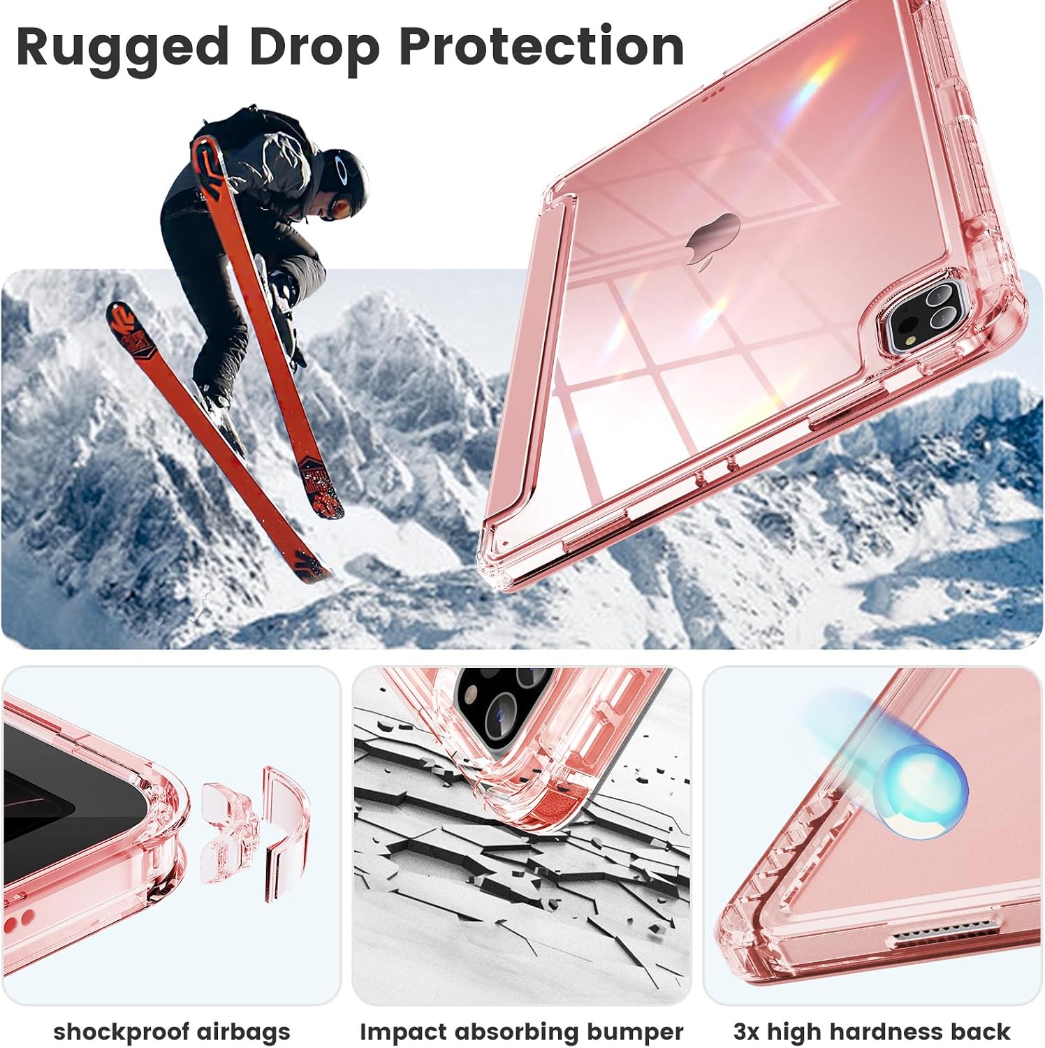 INFILAND Compatible with iPad Pro 12.9 Case 2022/2021(6th/5th Gen), [Crystal Clear Both Back & Frame] Anti-Yellowing + Pencil Holder (A2378, A2461, A2379, A2462, A2436, A2764, A2437, A2766), Rose Gold