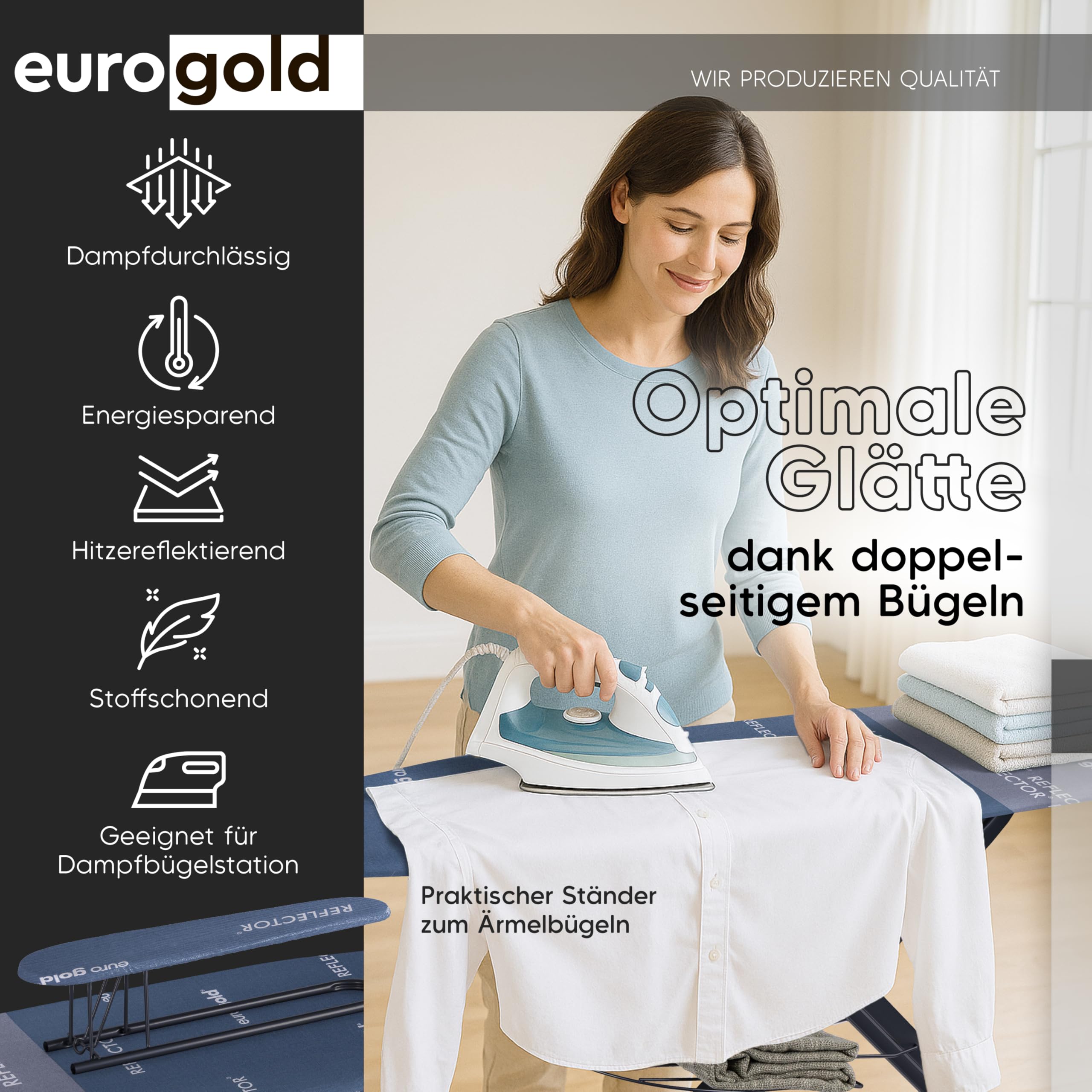 EUROGOLD Bügelbrett für Dampfbügelstation 130x48 cm – Bügelbrett XXL mit Steckdose, höhenverstellbarer Bügeltisch klappbar, mit Ärmelbrett & Bügeleisenablage, Reflektor-Bezug (Sydney Grey)