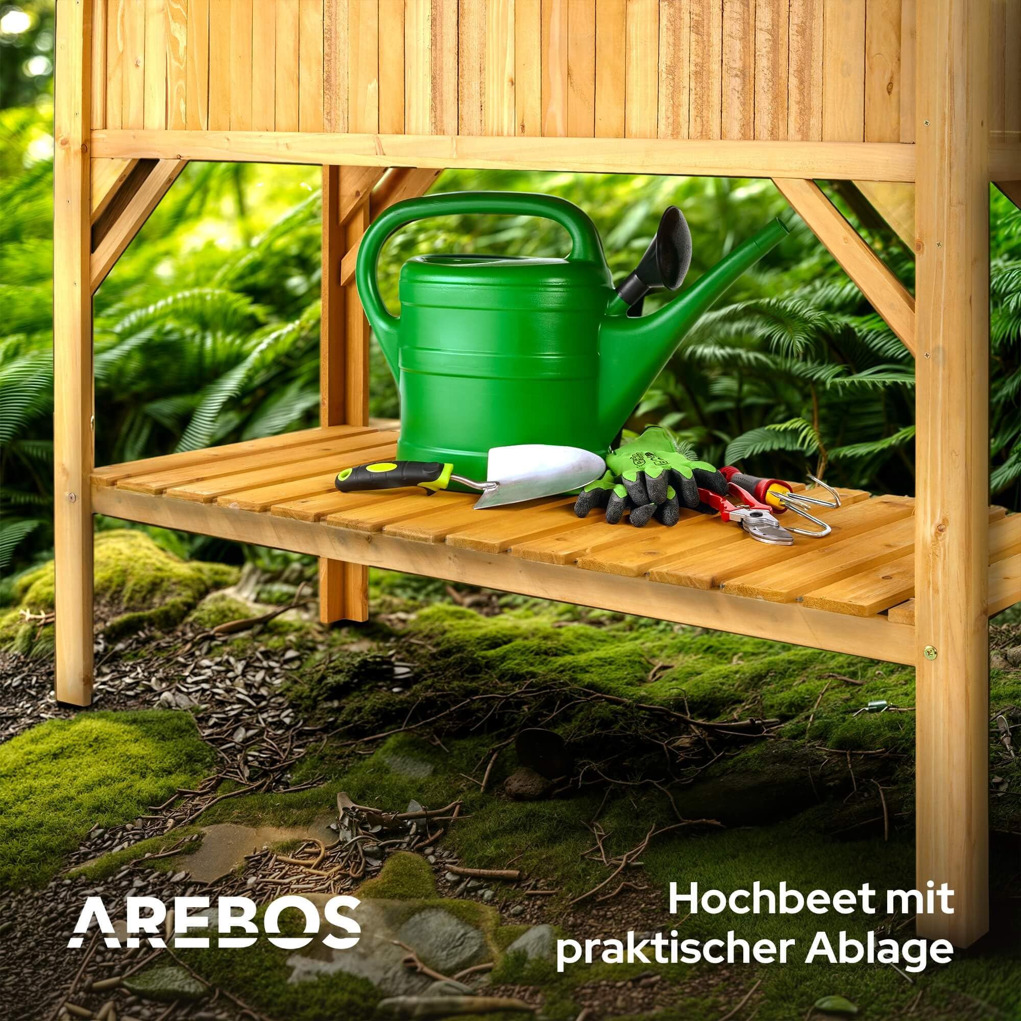Arebos Hochbeet aus Holz mit Ablagefach | für Garten, Balkon und Terrasse | Innenleben mit Schutzvlies ausgestattet | 119 x 53 x 90 cm | Pflanzkasten & Blumenkasten | Pflanzbeet, Frühbeet