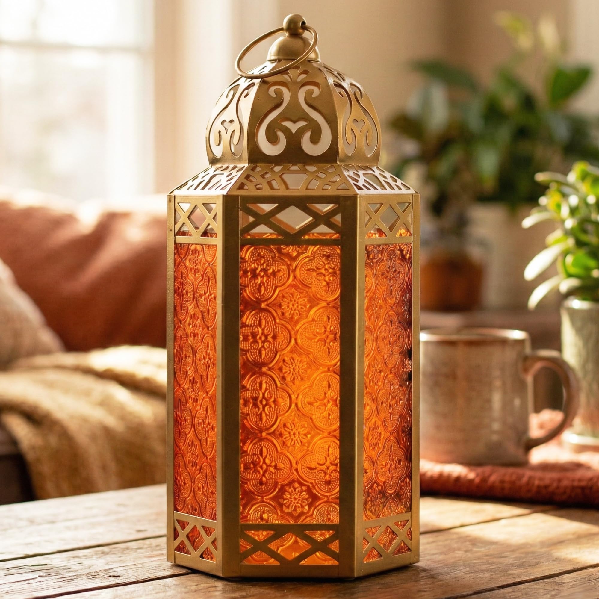 VELA LANTERNS 12" Gold Metal Moroccan Decorative Candle Lantern Holder for Hanging or Table Centerpieces, Exotic Indoor Home Decor, Outdoor Patio or Porch, Weddings, Ramadan, Amber Glass, Large