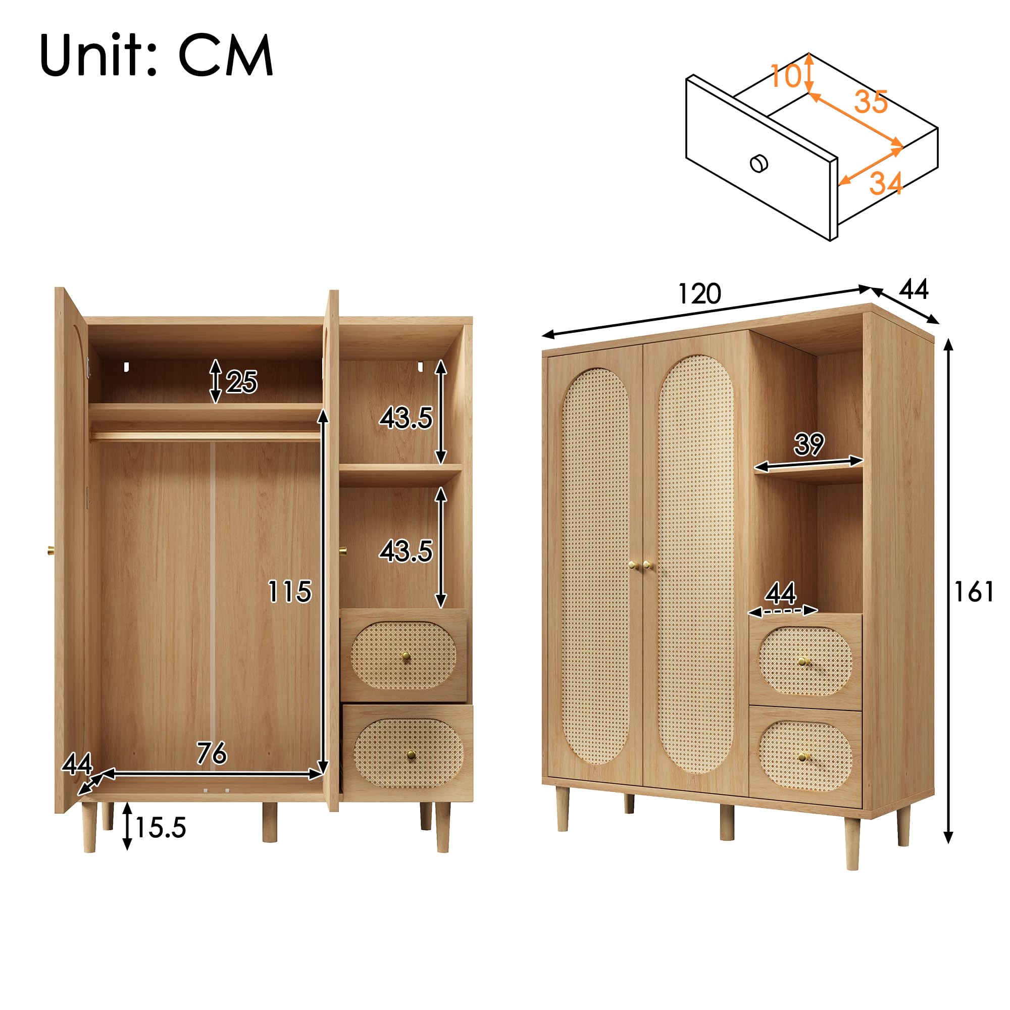 HD26052005 Armoire à portes pivotantes avec 2 portes en rotin et 2 tiroirs en rotin, armoire multifonction avec 2 étagères ouvertes, 120 x 44 x 161 cm, chêne