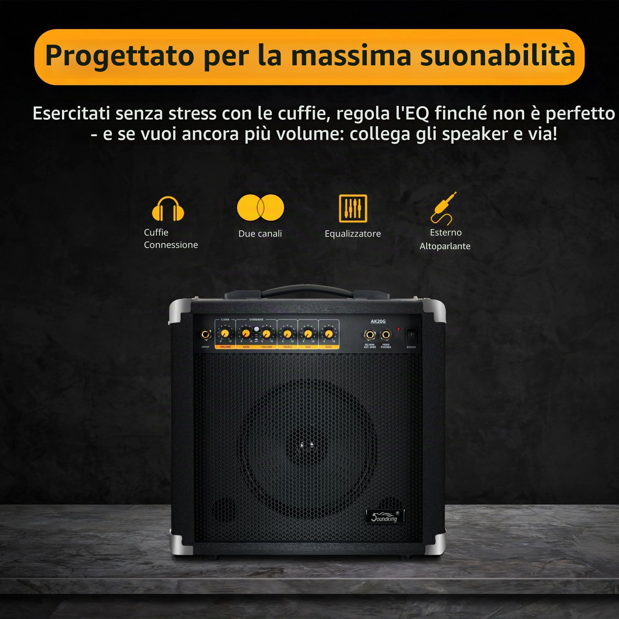 Soundking AK20-G Amplificatore per Chitarra, 2 Canali (Clean & Overdrive) | Potenza: 60 Watt (Peak Power), Speaker 8", Controlli: Gain, Canale, Treble, Middle, Bass, 2x Volume, Uscita cuffie jack 6