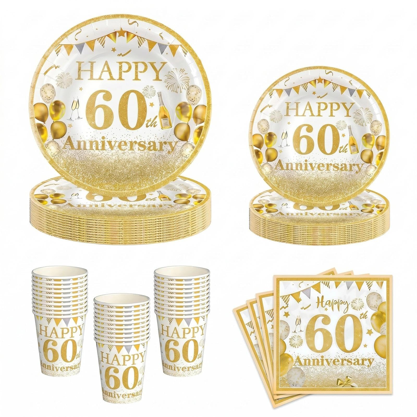 100Pcs 60th Wedding Anniversary Paper Plates Cups and Napkins, Gold White 60th Anniversary Decorations, Disposable Party Tableware Set Serves 25 Guests for Milestone Celebration Supplies