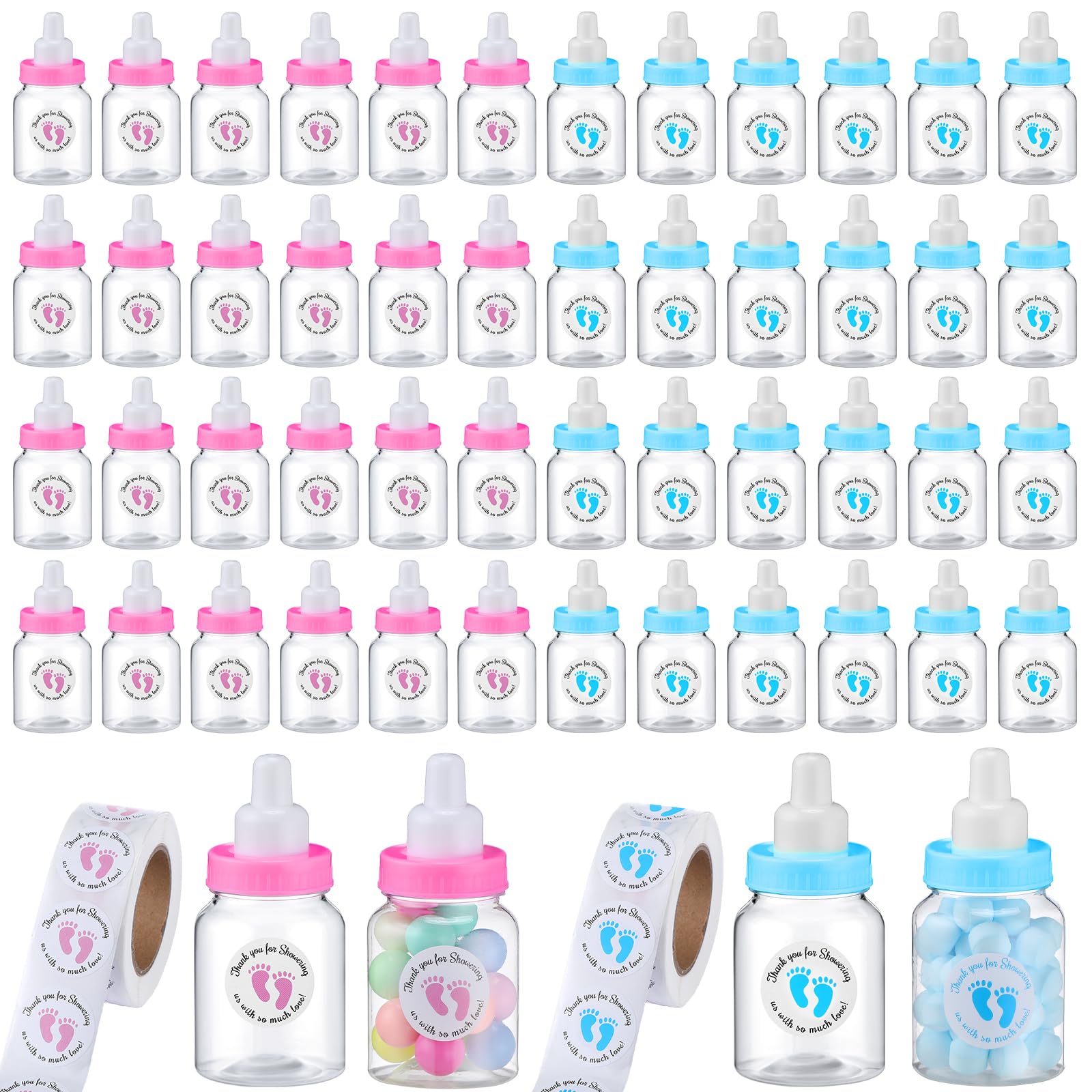 Tondiamo 48 Pcs Blue Pink Baby Shower Mini Bottle Favors 1. 5 x 3. 5 Inch Baby Shower Candy Jar Mini Milk Bottle Party Favor Fillable Gift Boxes for