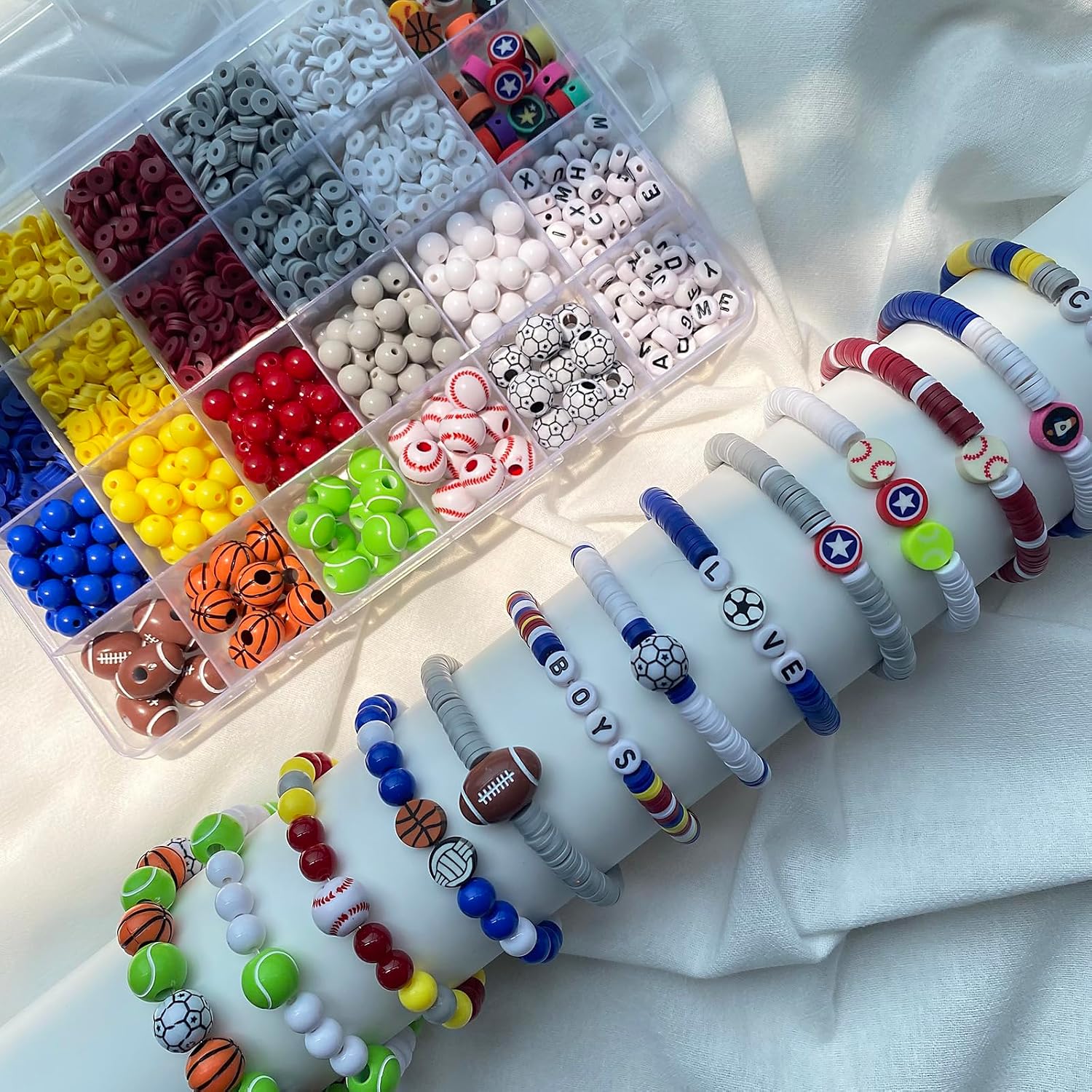 1888PCS Sports Ball Beads for Jewelry Making, Acrylic Clay Beads for Bracelets Volleyball Softball Football Baseball Basketball Soccer Bead with Letter Bead for DIY Crafts