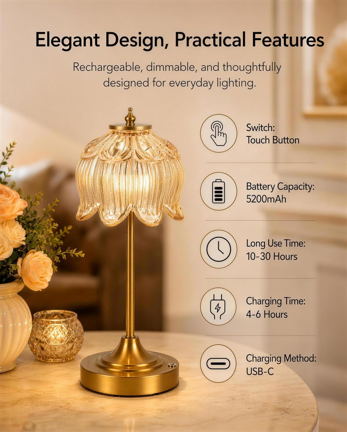 Lotus Flower Cordless Rechargeable Table Lamp, 3 Color Modes, Touch Control image 5