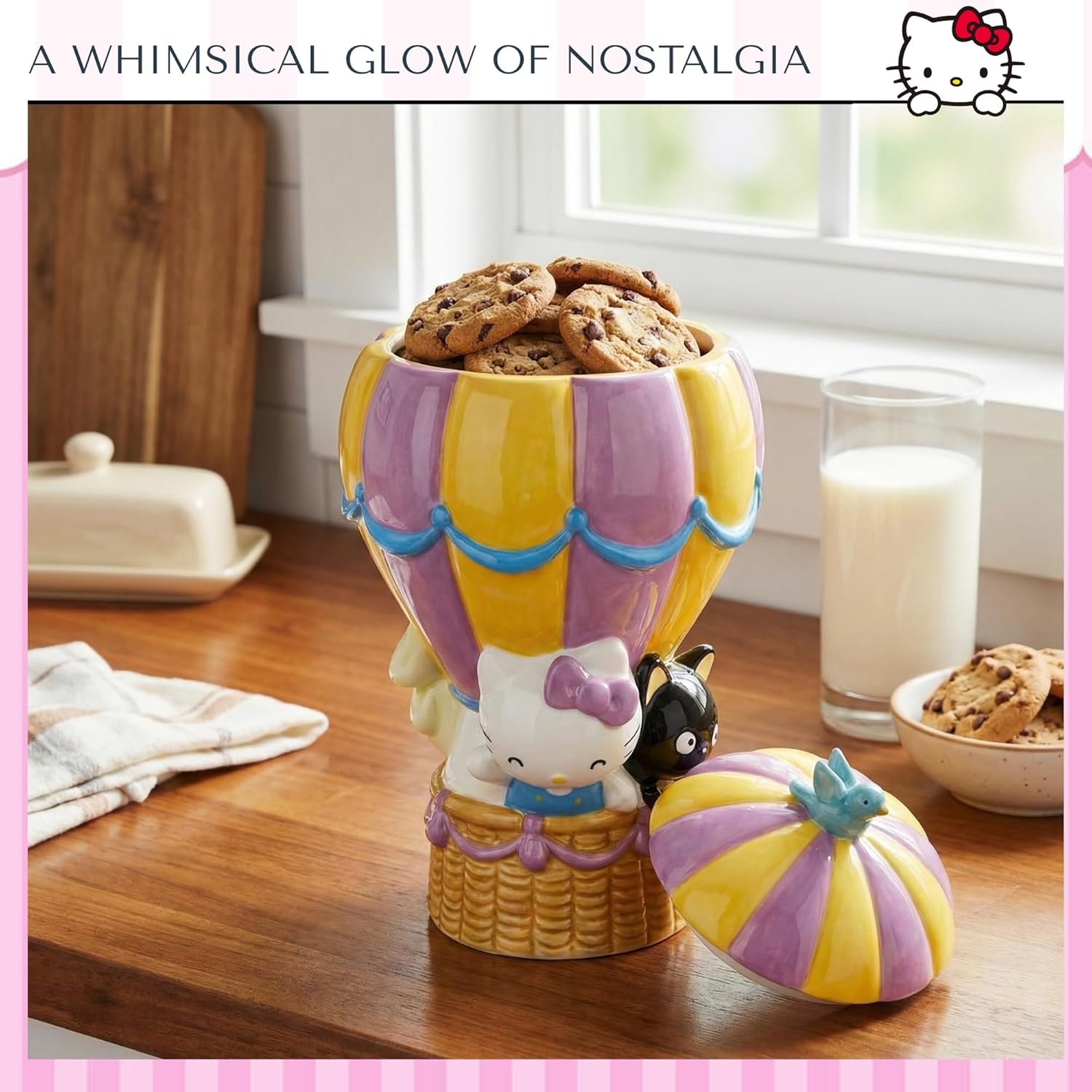 Blue Sky Clayworks Hello Kitty & Chococat Hot Air Balloon Cookie Jar, Ceramic, 7" L x 7" W x 11" H, Sky-High Treat Keeper