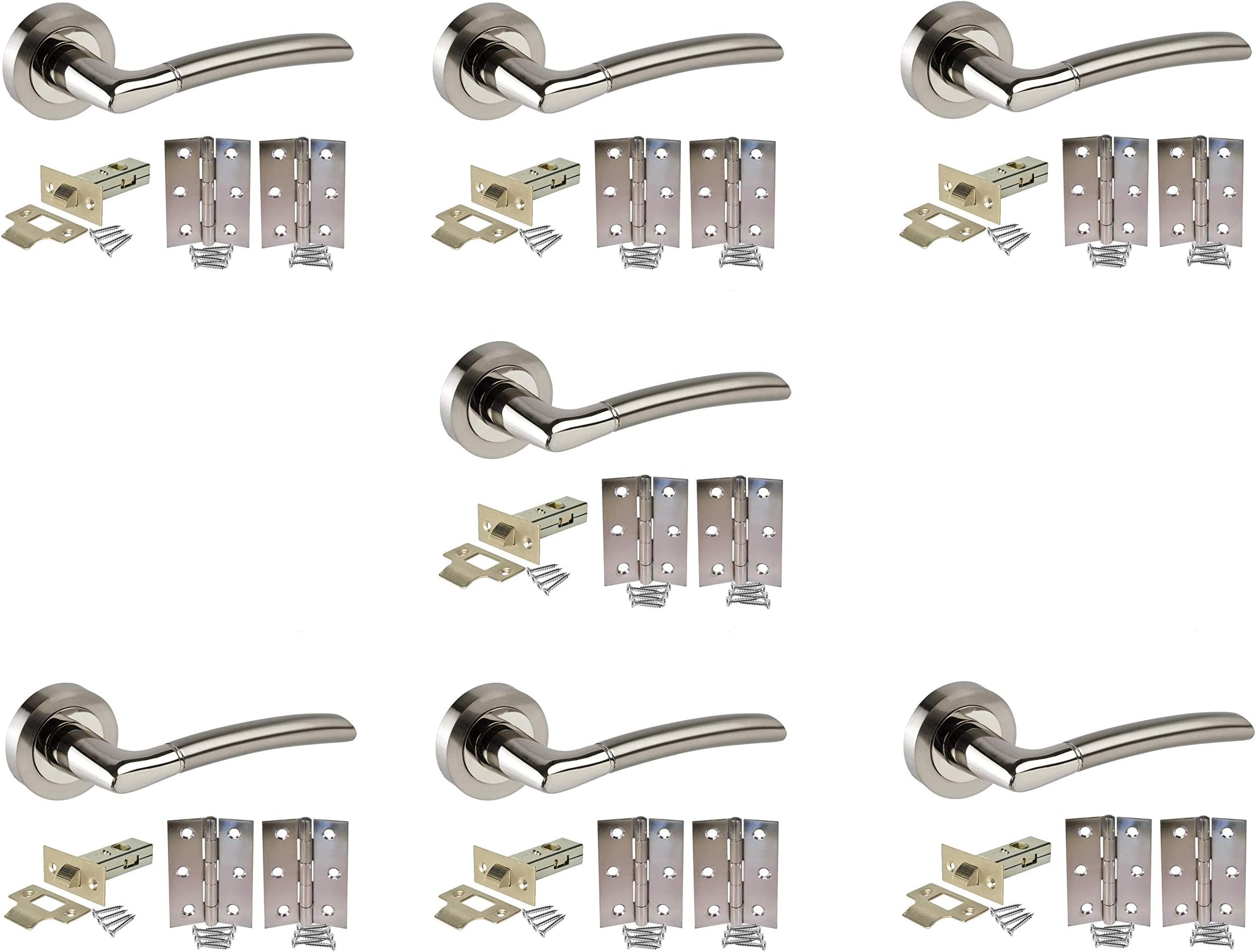 Golden Grace Indiana Style Modern Door Handles on Round Rose in Dual Finish with Latch and Hinges 7 Sets
