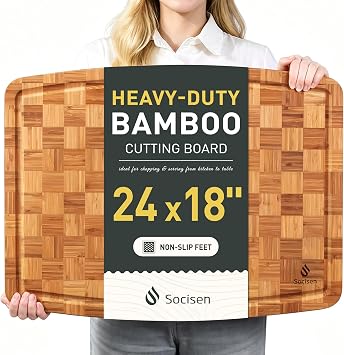 Extra Large Bamboo Wooden Cutting Board Wood Cutting Boards for Kitchen | Heavy Duty, End Grain, Non Toxic, Non Slip, Cutting Board Set, Solid Thick, Juice Groove, Butcher Block, Best Kitchen Gift