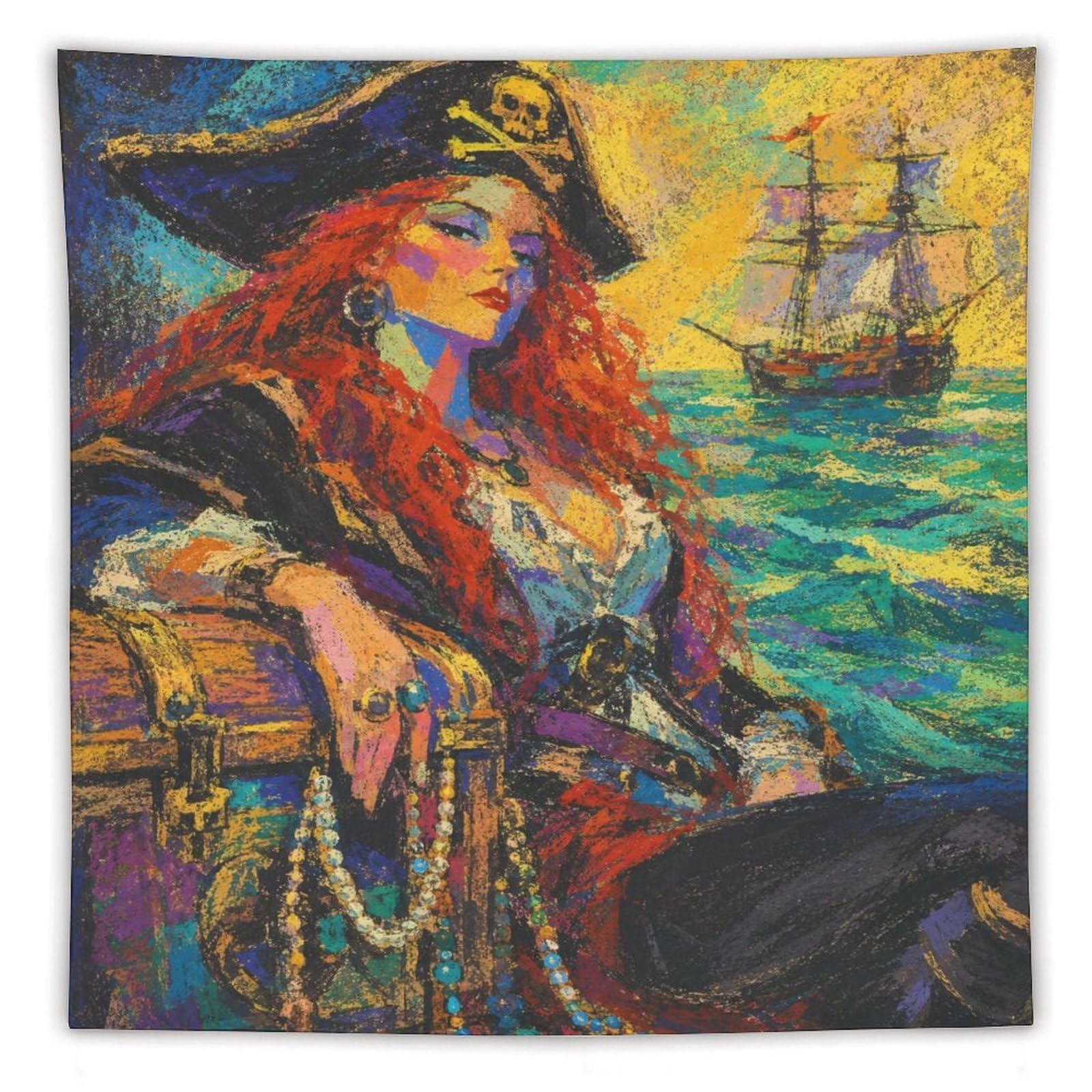 H3B8U2Y5 Pirate Woman by Ship Wall Tapestry, Realistic Illustration Style