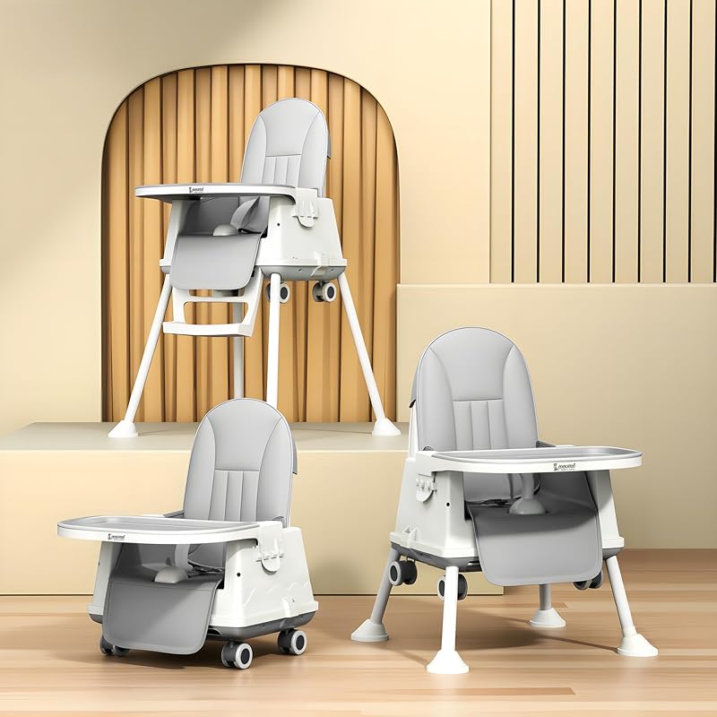 Cockatoo -Kids BiteBuddy 3-in-1 Folding Baby High Chair with Double Removable Tray, Booster Seat and Wheels, Adjustable Feeding Chair for Toddlers, Anti-Slip Legs, 3-Point Harness - 3M to 5Y, 40kg