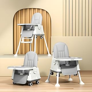 Cockatoo Kids BiteBuddy 3-in-1 Foldable Baby High Chair with Double Removable Tray, Booster Seat & Wheels, Adjustable Feeding Chair for Kids, Anti-Slip Legs, 3-Point Harness – 3M to 5Y, 40kg Grey