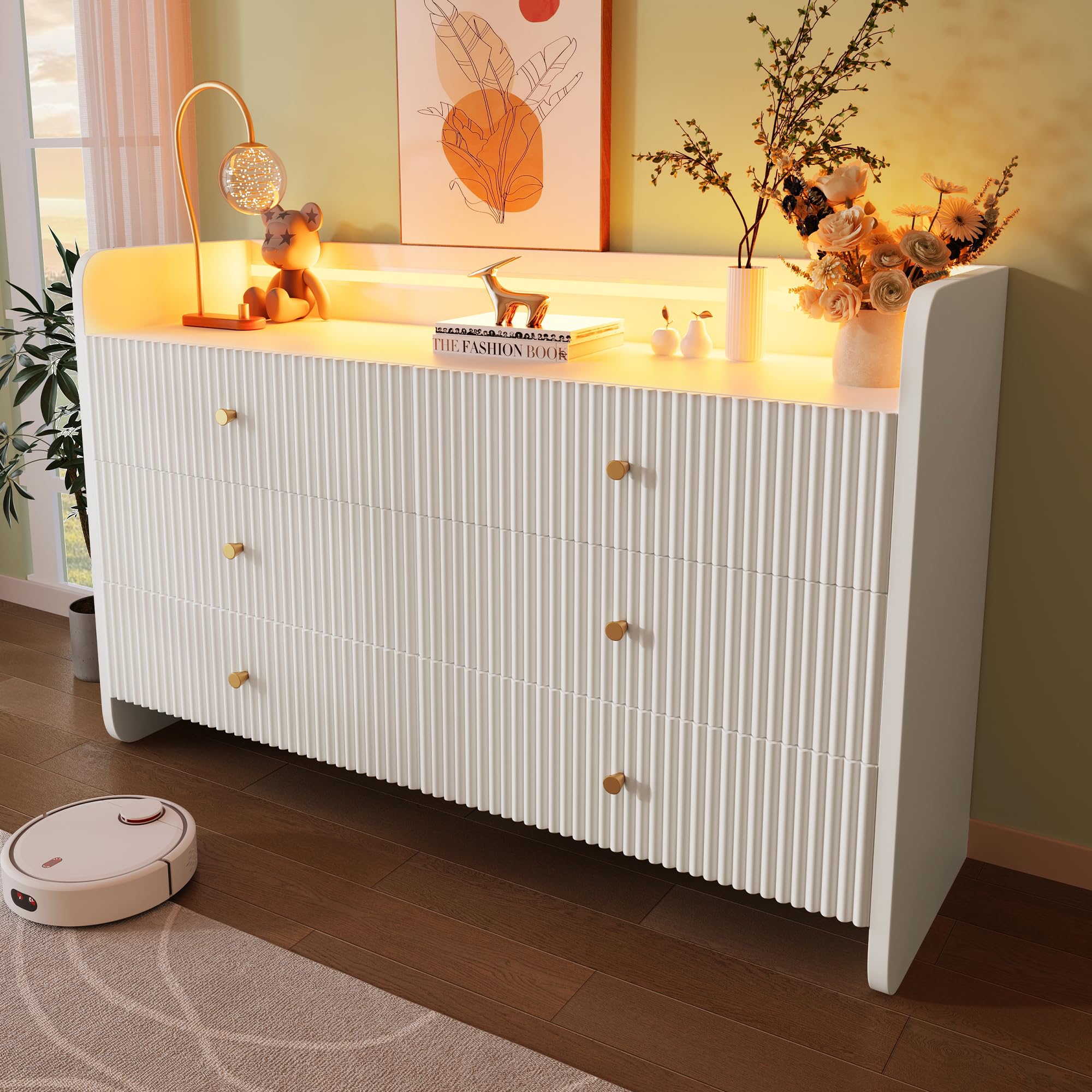 Merax Modern 120 cm Sideboard for living room with 6 Drawers, Cupboard Storage Cabinet with RGB LED Lighting & Shelves & Handles, Bedroom Dining Room Office, 40x120x75 cm, White — image 1