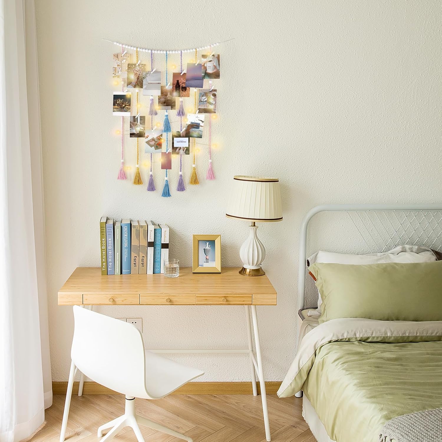 Mkono Macrame Hanging Photo Display Wall Decor with String Lights and Macrame Floating Shelves Boho Wall Decor Set of 2