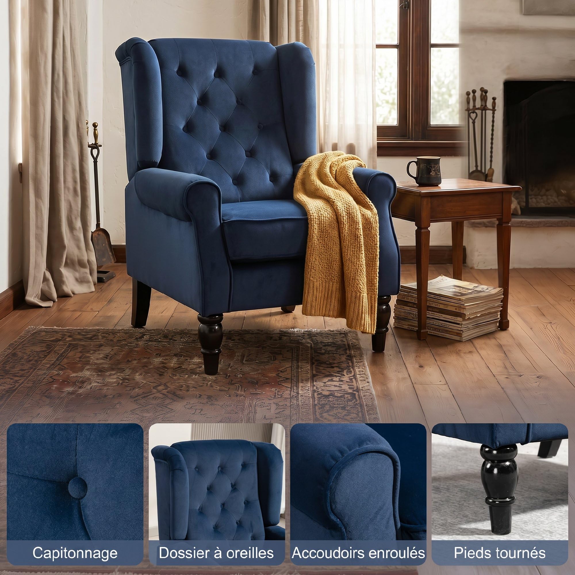 HOMCOM Fauteuil de Salon, Fauteuil Capitonné avec Pieds en Bois, Assise Large, Grand Confort, Style Classique, 74 x 86 x 102 cm, Bleu Foncé