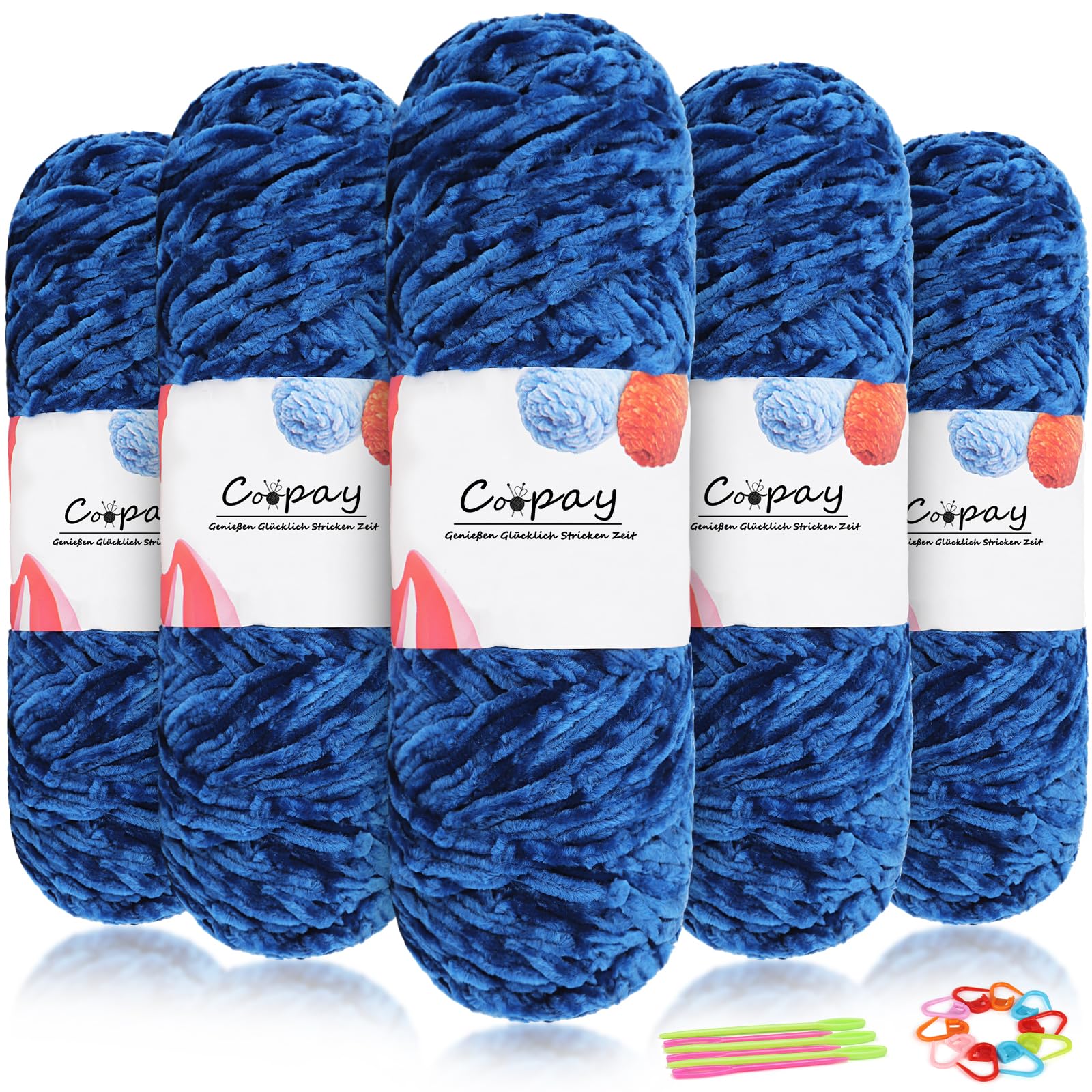 Coopay Samt Chenille Wolle zum Häkeln, 500g (5x100g) Velvet Chenillegarn, Dicke Wolle zum Stricken, Flauschige Weiche Samtig Chenillewolle mit Häkelzubehör für Schals, Decken - Meeresblau