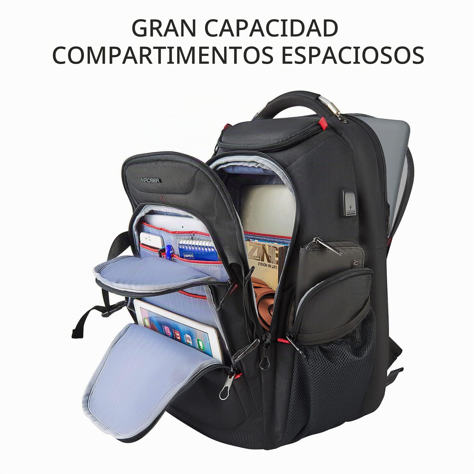 KROSER Mochila para Portátil de Viaje 17.3" Mochila para Computadora con Bolsillos RFID Hidrófugo Mochila Universitaria Negocio Elegante Grande Bolso para Portátil Escolar para Hombres/Mujeres-Negro