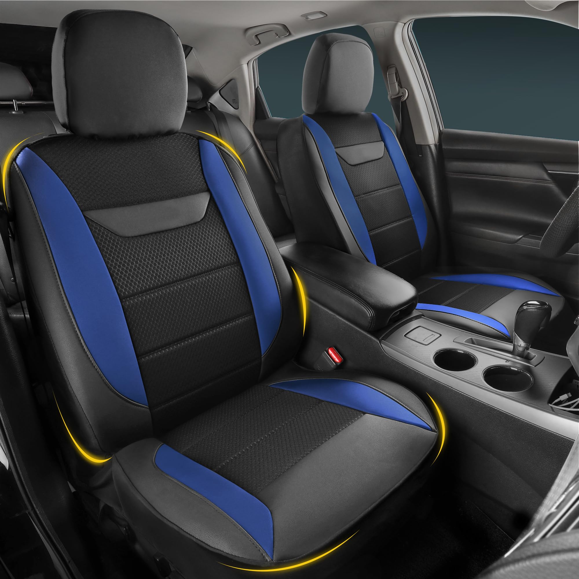 kingphenix 2er-Pack Vordersitzbezüge aus Memory-Schaumleder, Atmungsaktives 4D-Mesh, Airbag- kompatibel, Universelle Passform für Autos, LKWs, Transporter, SUV – Blau