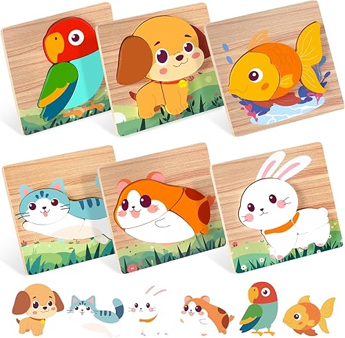 Rompecabezas de madera para niños pequeños de 1 a 3 años, rompecabezas de animales de mascotas para bebés de 12 a 18 meses, rompecabezas educativos