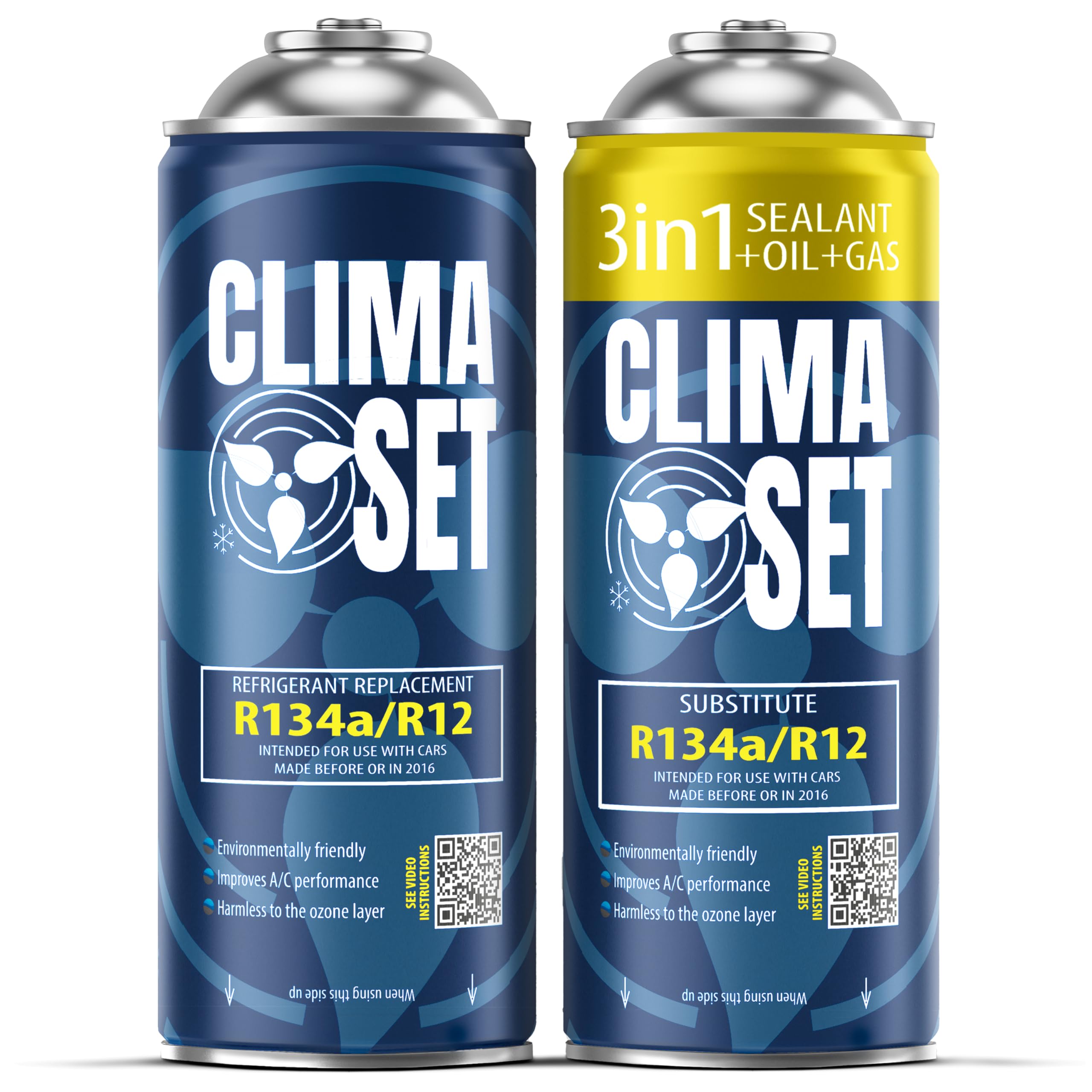 ClimaSet Gas di ricambio R134a x 1 e bombolette gas 3in1 x 1 - gas R134a, R12 e Olio e Turafalle per impianti di climatizzazione - kit ricarica clima auto - refrigerante R134a - ECO