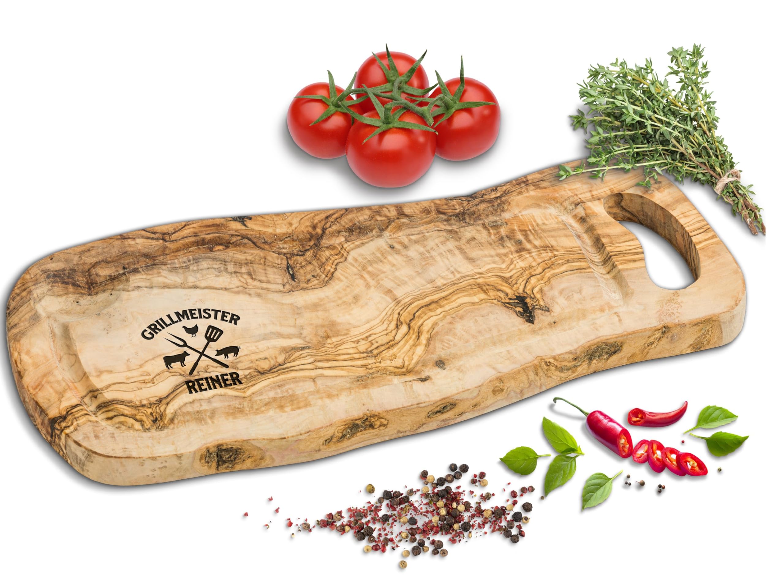 Schneidebrett Olivenholz [+ PERSONALISIERT] | Grillbrett | Grill Geschenke für Männer | Grill Zubehör | Personalisierte Geschenke Männer | Holzbrett mit Gravur | Servierbrett