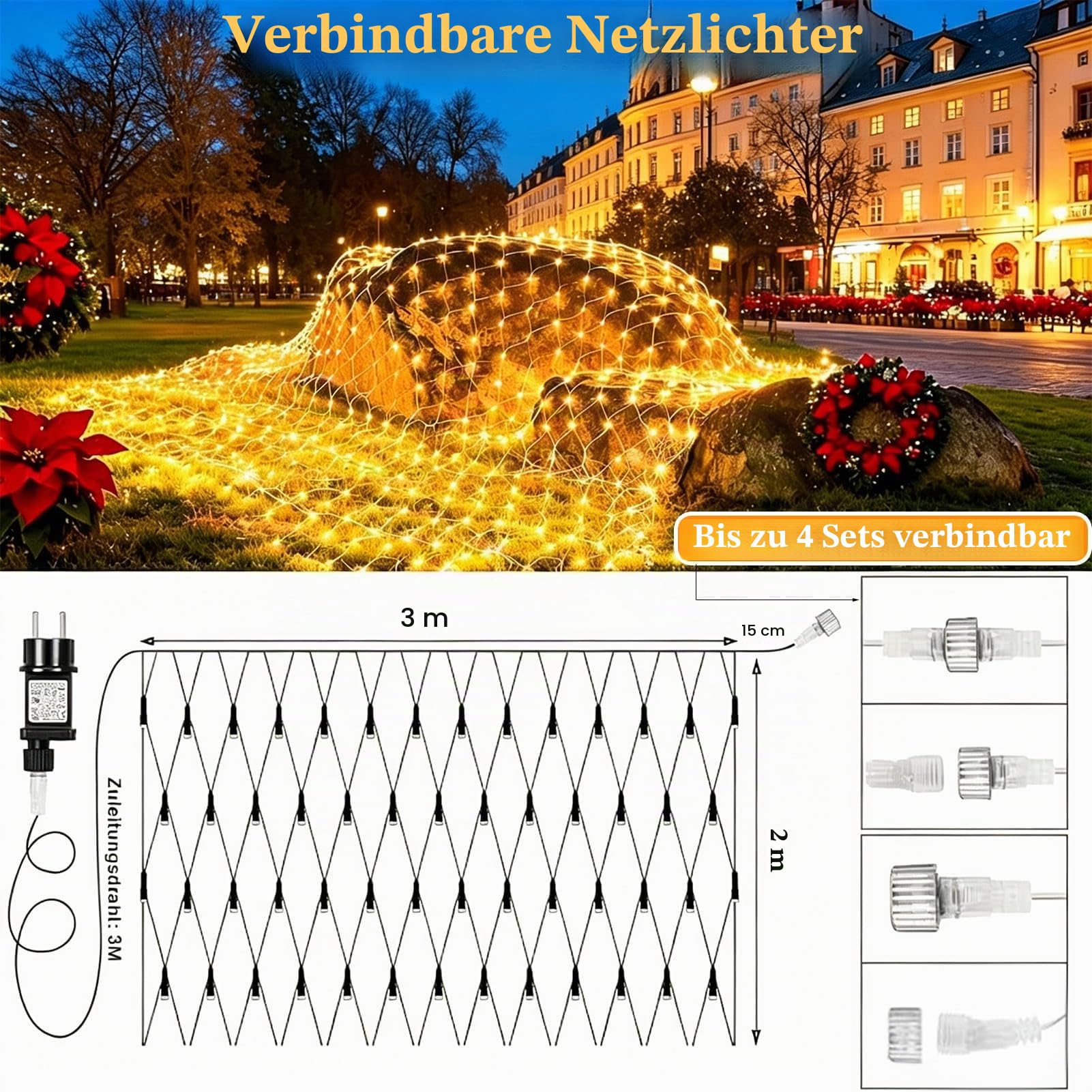 2 Stück Lichternetz Außen, 3x2m 200 LED Lichterkette Netz, Warmweiß | mit Timer, Stecker, 8 Modi Weihnachtsbeleuchtung Netz Wasserdicht Lichtervorhang für Garten Balkon Busch Zimmer Deko