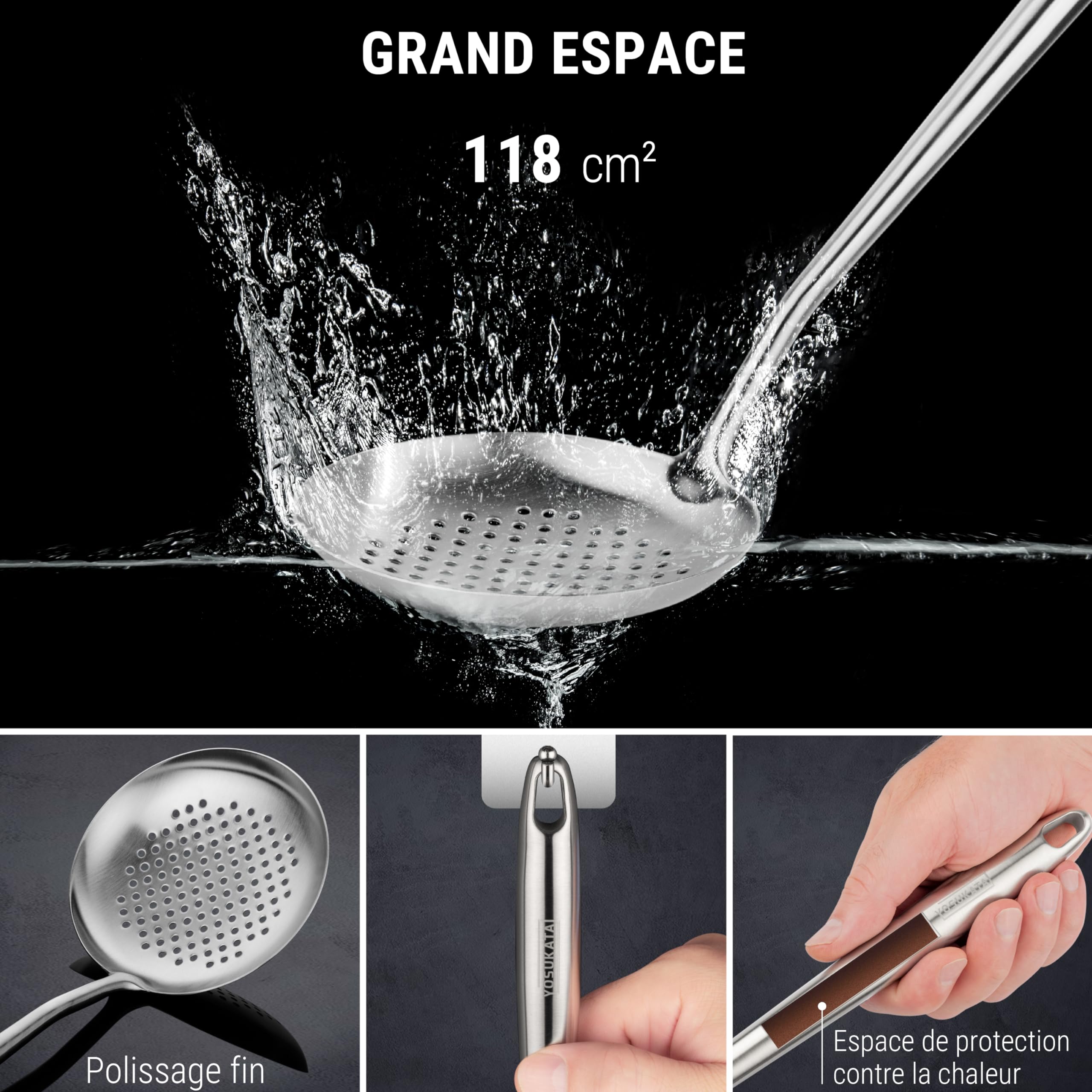 YOSUKATA Spatule, Louche Et Écumoire De Cuisine En Inox Pour Wok 43 cm | Spatule Plancha - Louche Professionnel - Écumoire Ustensiles de Cuisine Inox - Spatule Wok en acier inoxydable 304 -