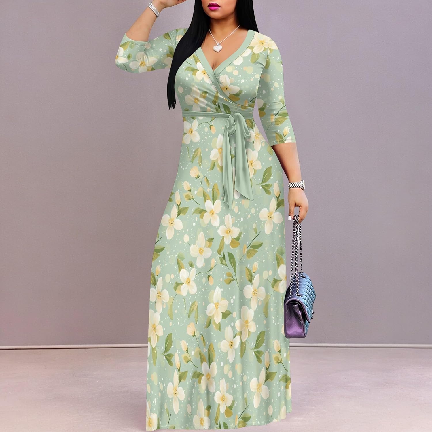 PinkPatty Plus Size Maxi Dresses for Women Casual Flowy Long Dress 3/4 Sleeve V Neck Wrap Dress with Belt - Image 5