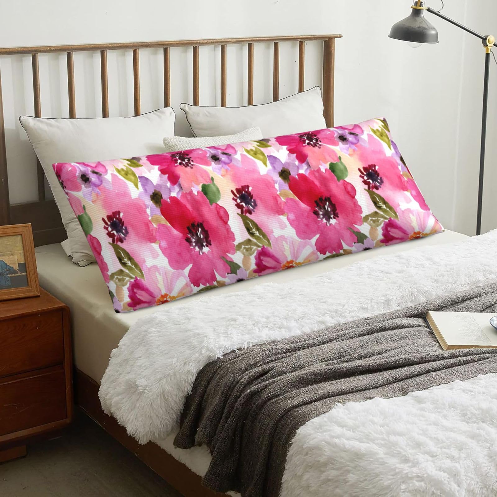 Watercolor Flowers Pink Fuchsia, Body Pillow Cover with Zipper,Long Body Pillowcase 20 x 60 in